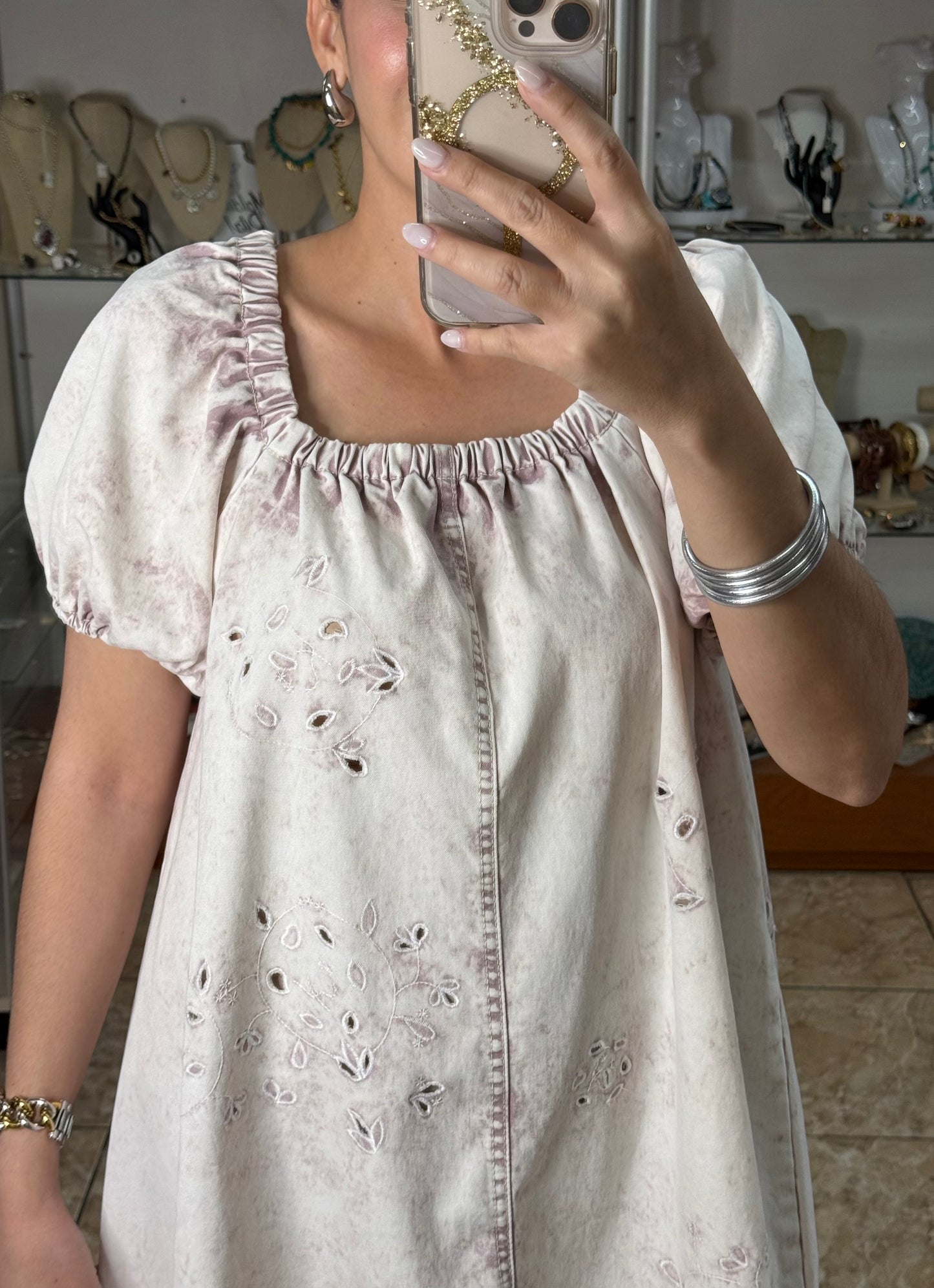 Eyelet Denim Wash Mini Dress