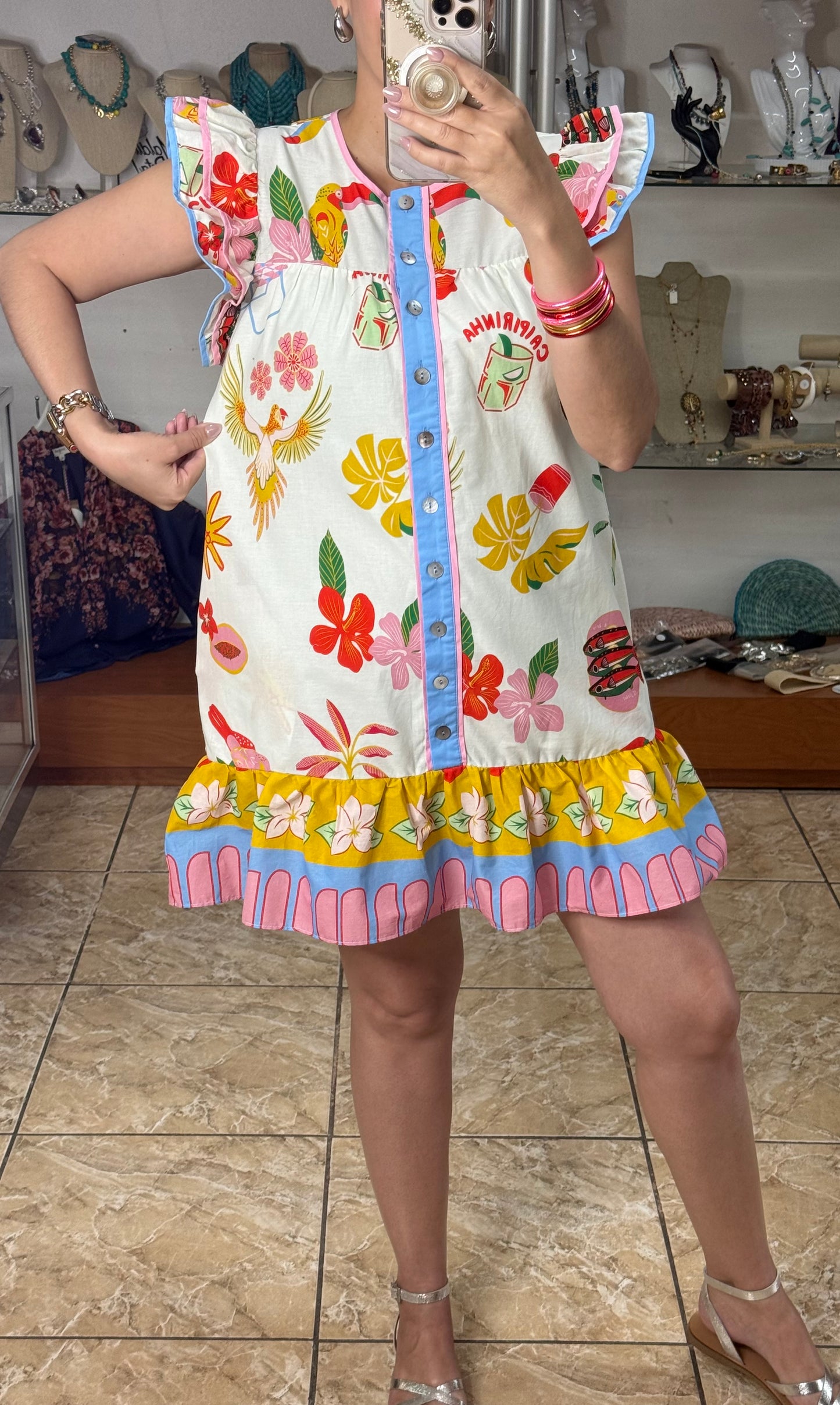 Flutter Sleeves Tropical Mini Dress