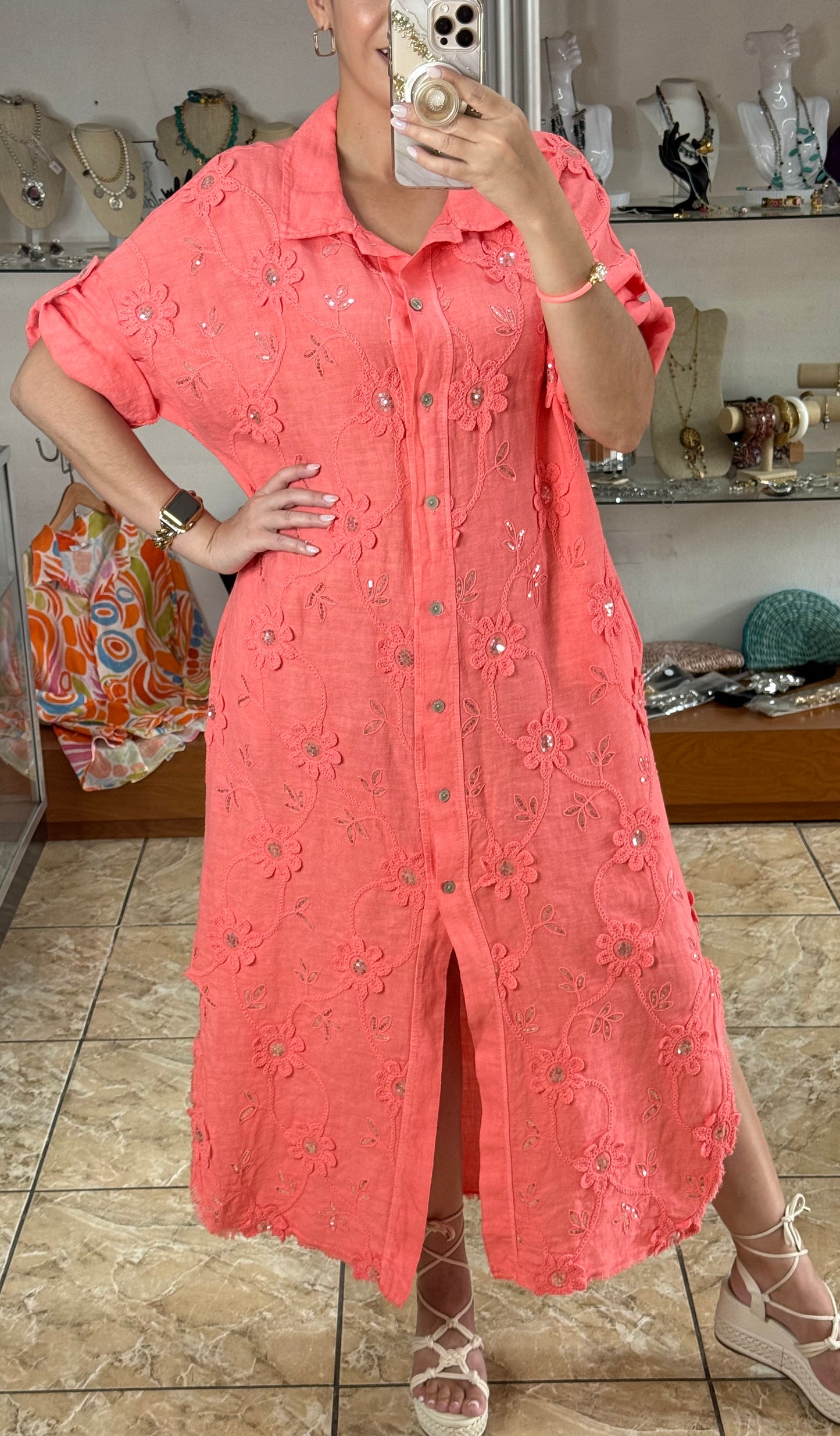 OS Embroidered/Sequins Linen Maxi Dress (NO RETURNS OR EXCHANGE)