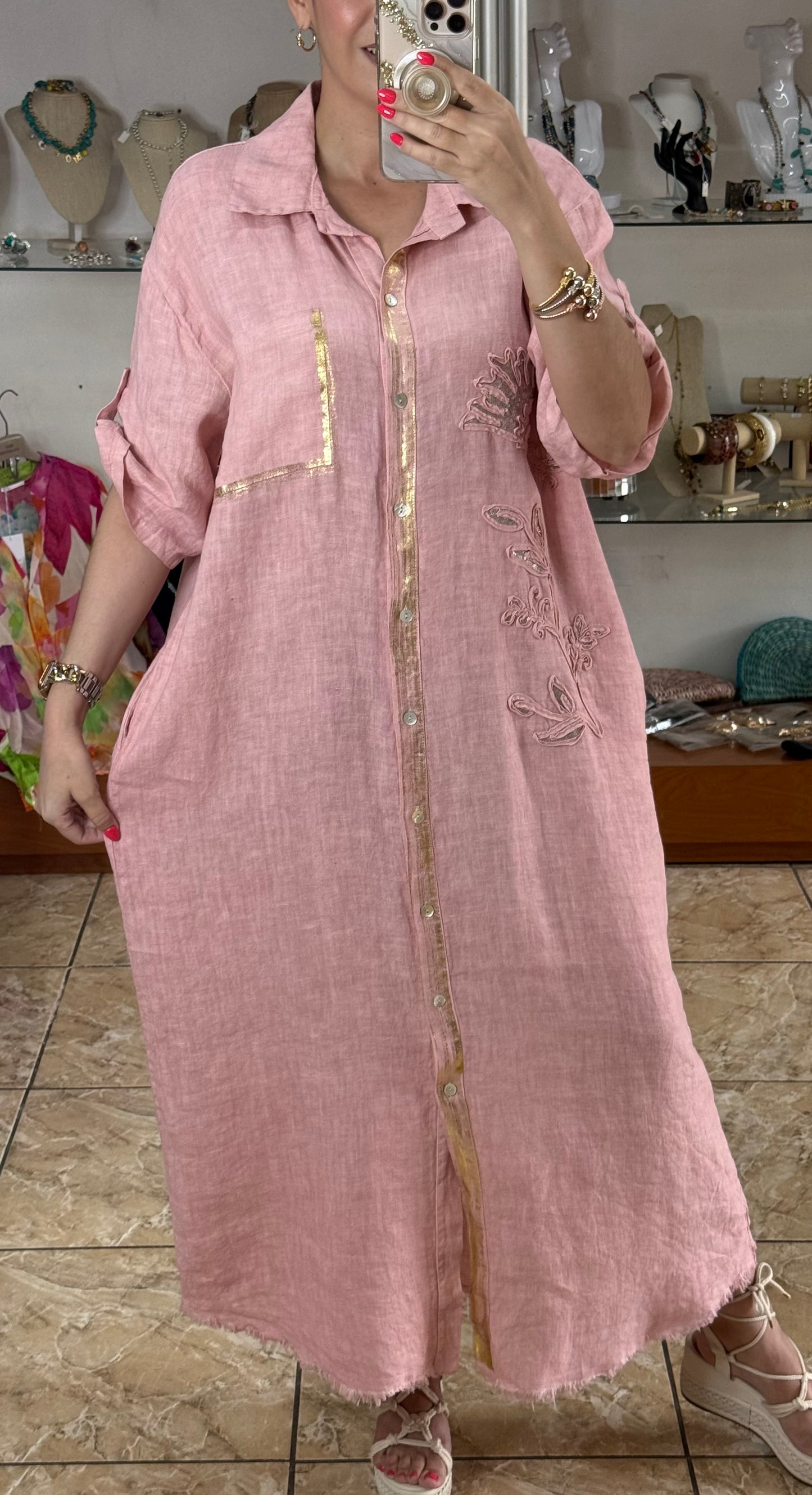 Gold Details Button Down OS Linen Maxi Dress (NO RETURNS OR EXCHANGE)