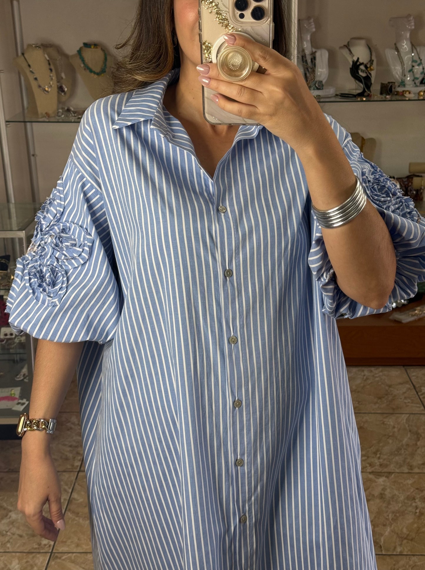 Stripes Puff Sleeves OS Midi Dress (NO RETURNS OR EXCHANGE)