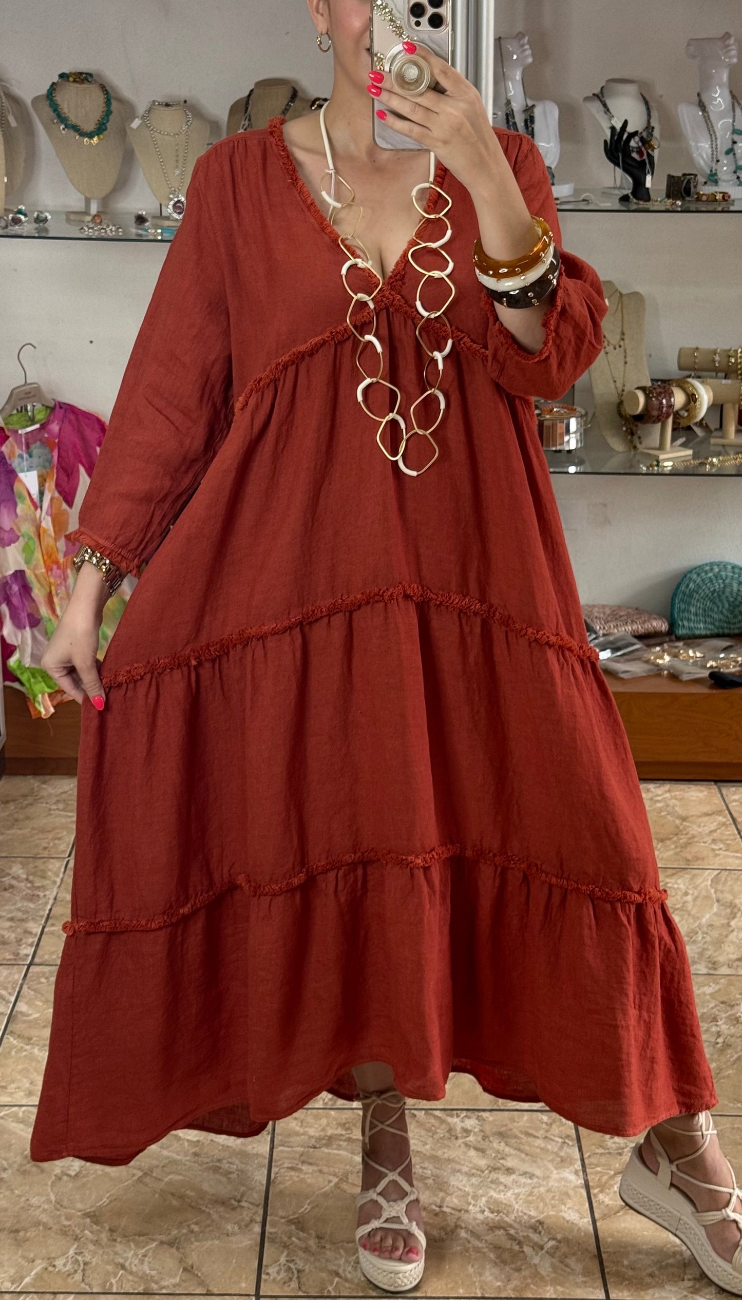 Deep V Neck OS Linen Dress (NO RETURNS OR EXCHANGE)