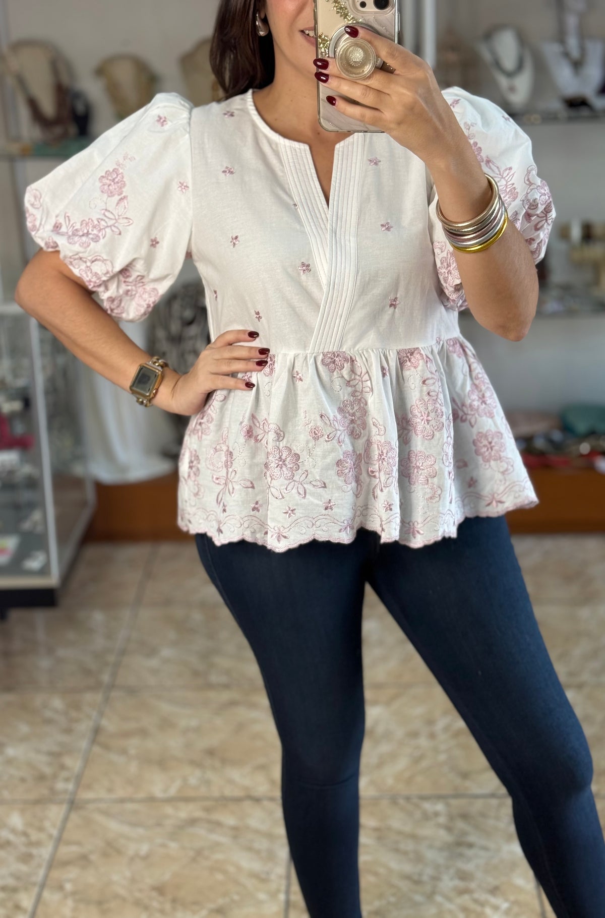 Puff Sleeve Peplum Embroidered Top