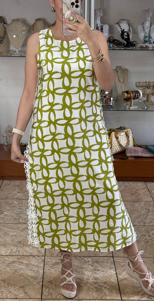 Green Geometric Sleeveless Midi Dress (Reg and Plus)