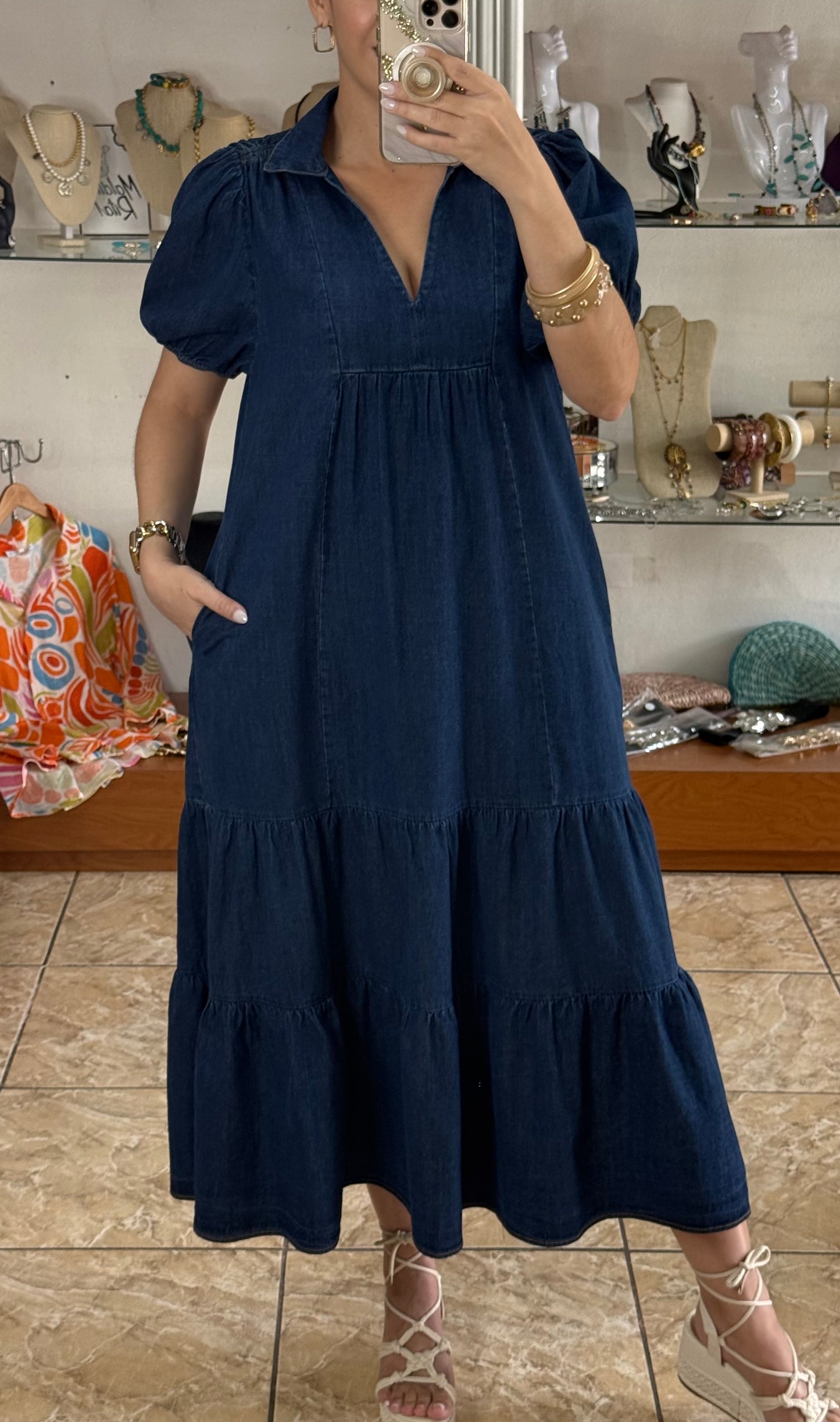 Dark Denim Tiered Midi Dress