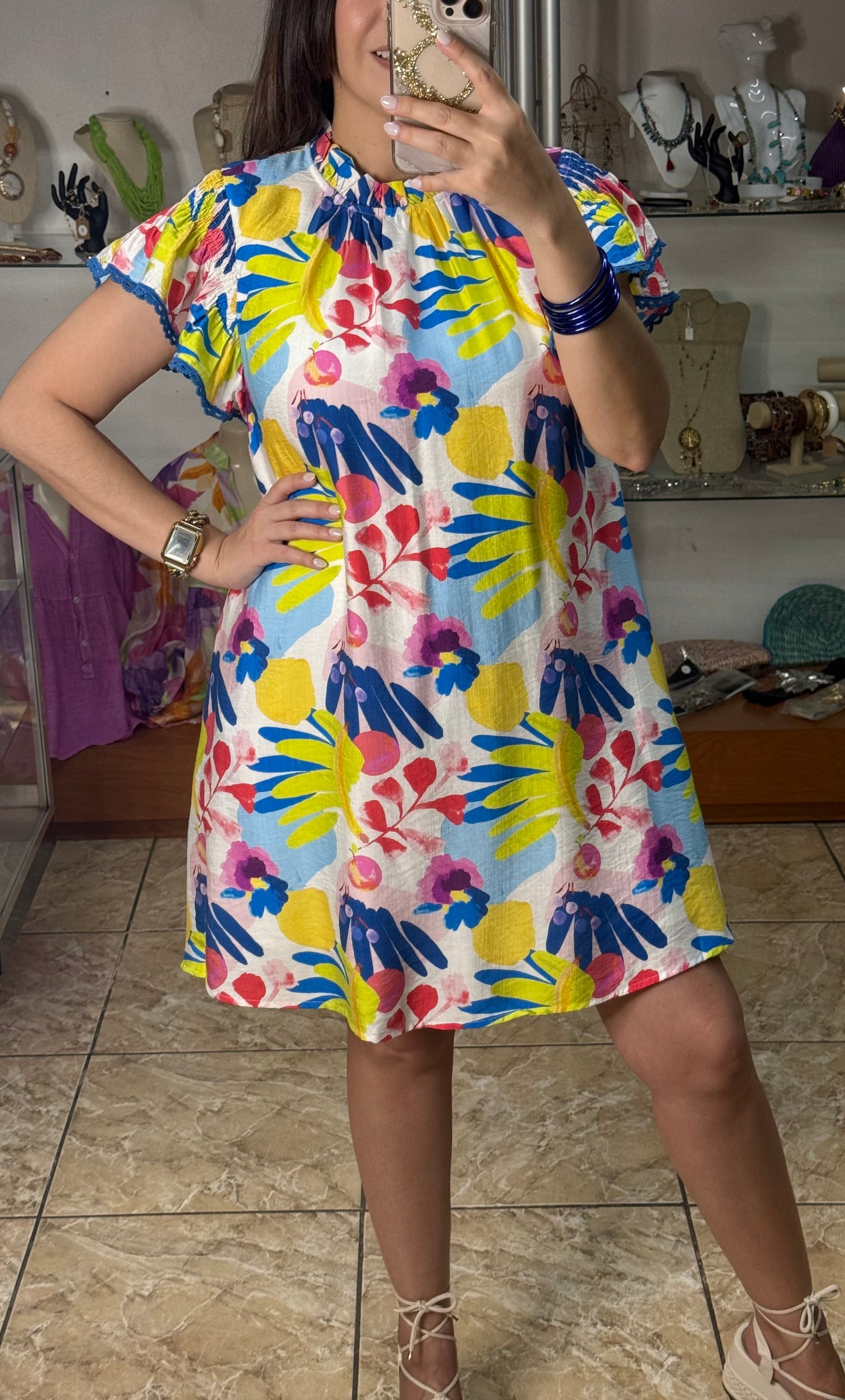 Blue Mix Flutter Sleeves Floral Dress