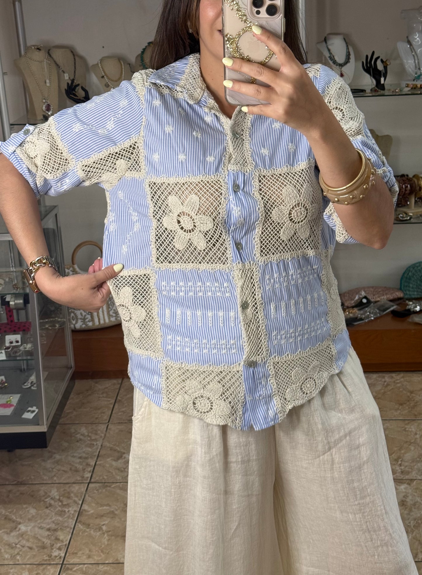 OS Striped Crochet/Embroidered Top (NO RETURNS OR EXCHANGE)