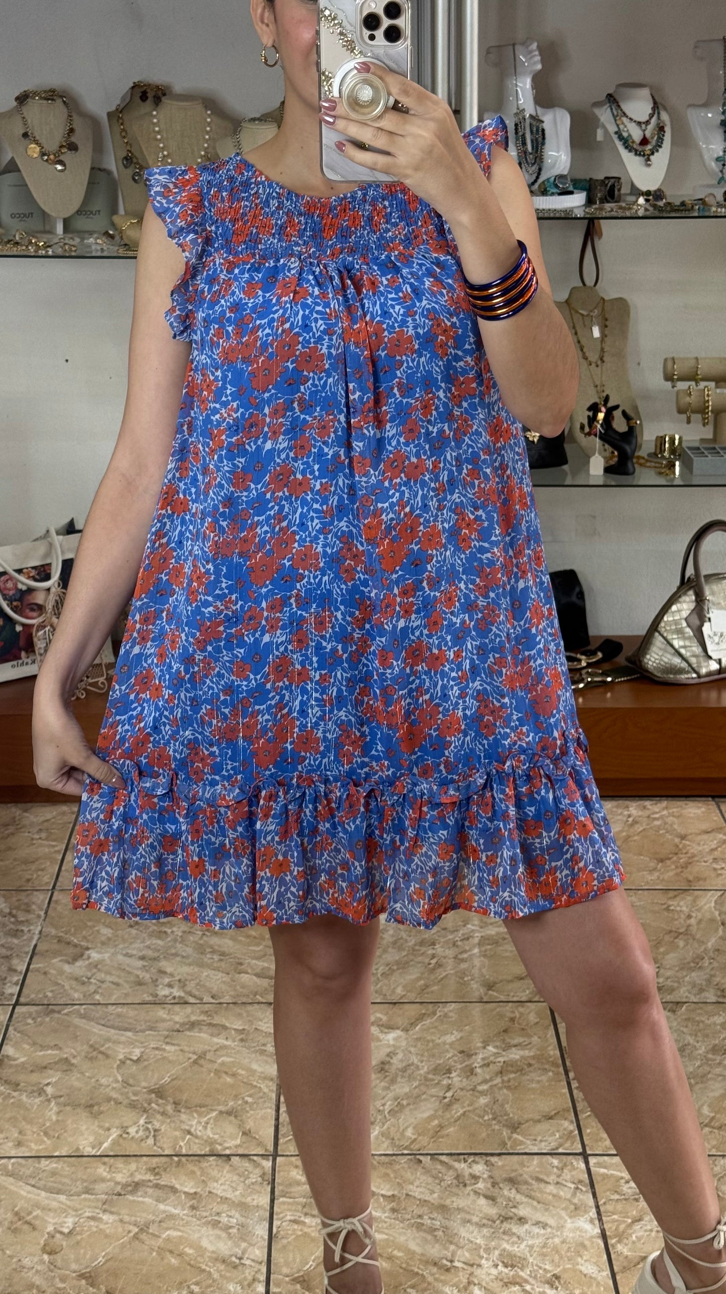 Blue/Orange Floral Sleeveless Dress