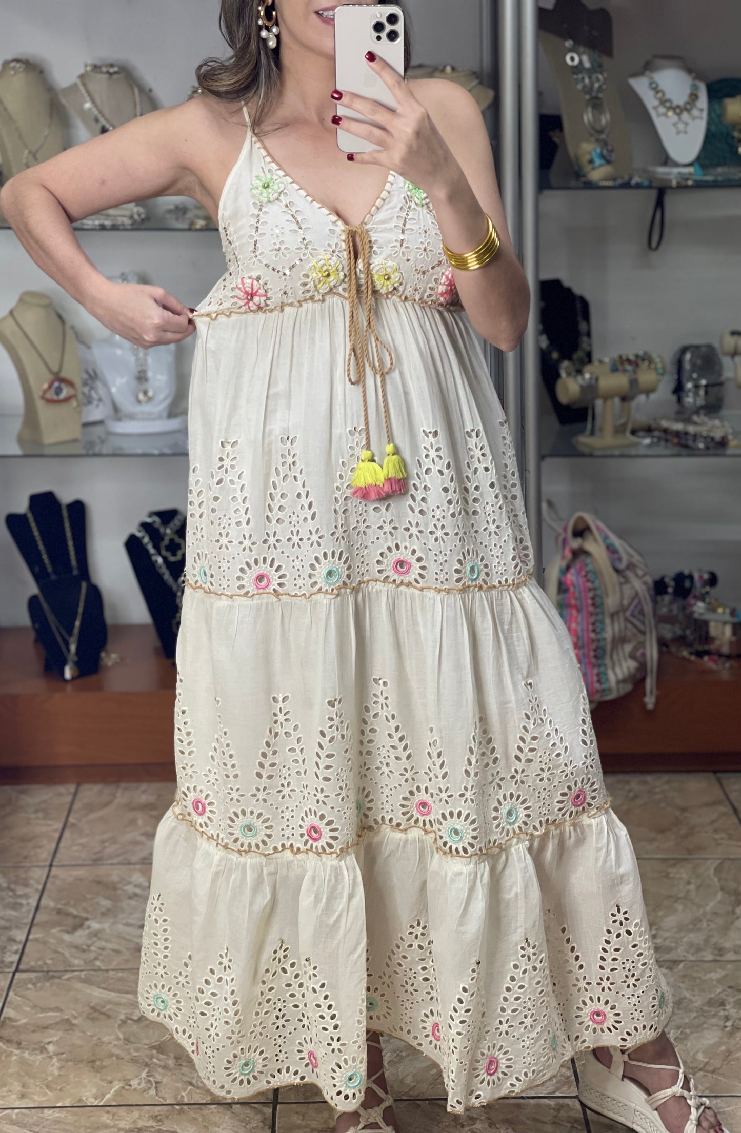 Cream Boho Maxi with Eyelet Details