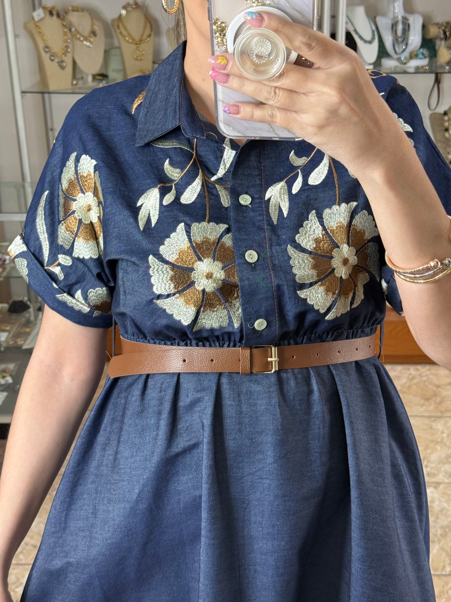 Floral Embroidered OS Denim Dress (FINAL SALE)