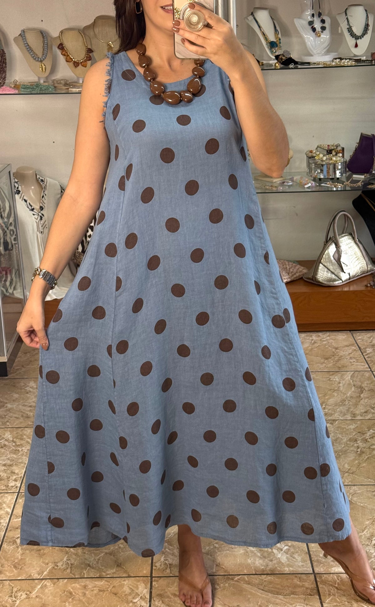 OS Linen Sleeveless Polka Dots Dress (NO RETURNS OR EXCHANGE)