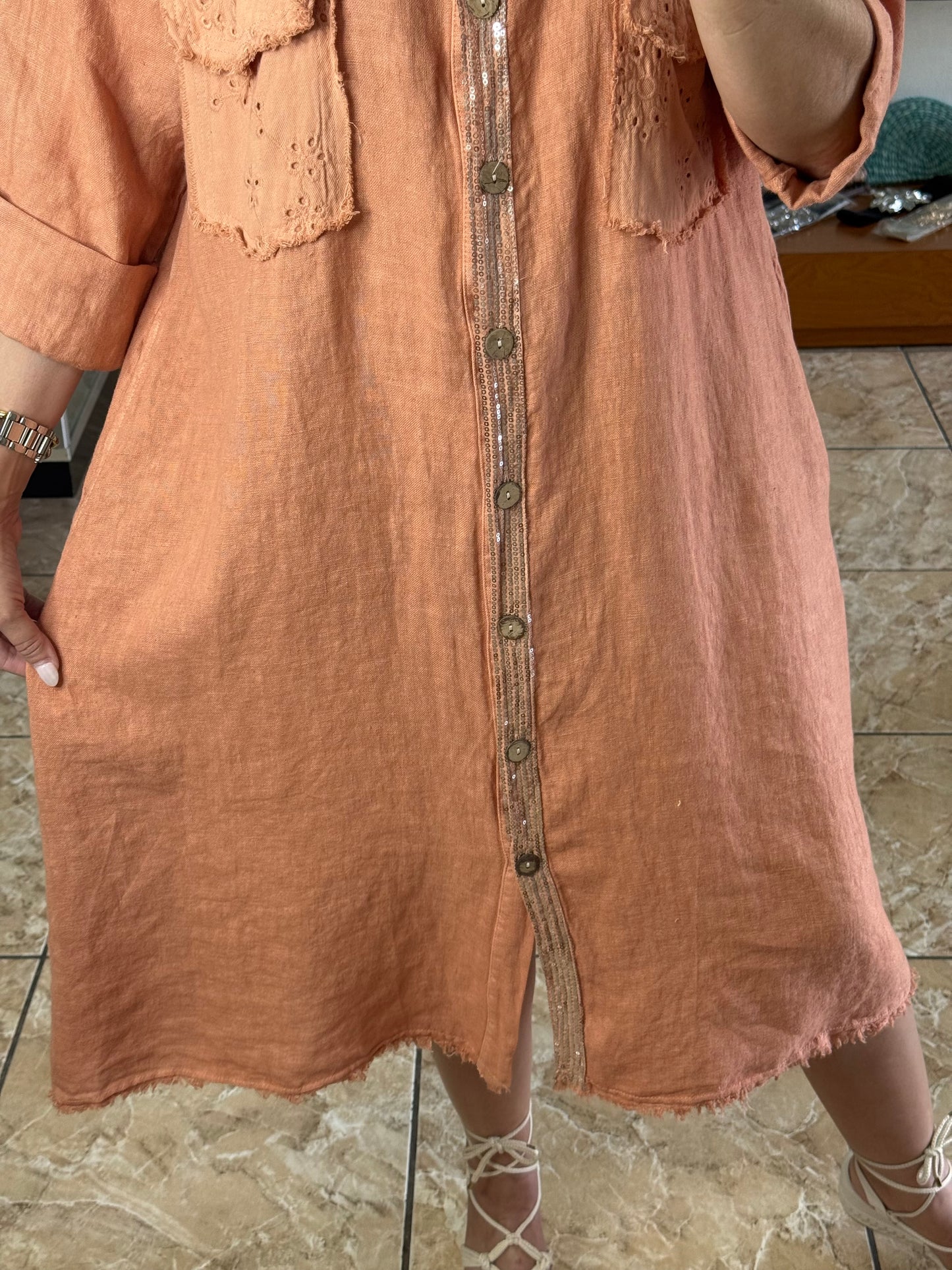 Long Sleeves OS Linen Midi Dress (NO RETURNS OR EXCHANGE)