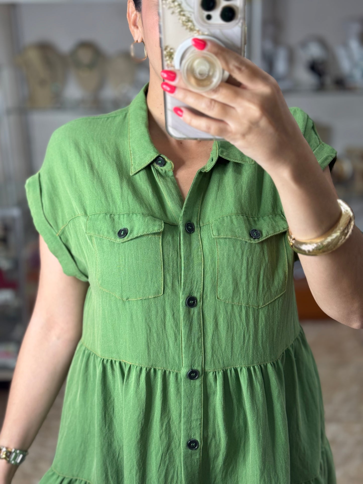 Sage Button Down Short Dress