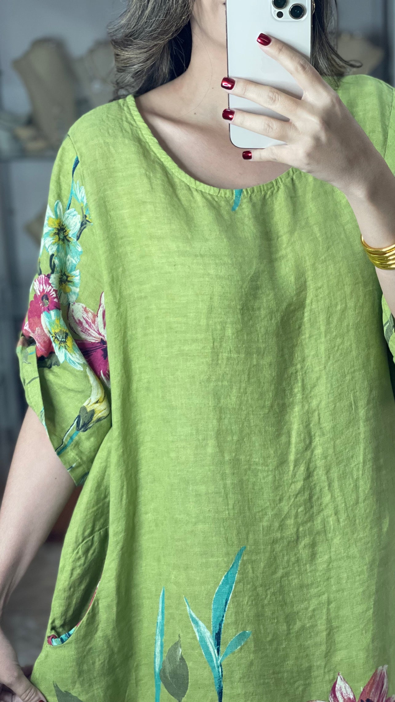 Green Floral OS Linen Midi Dress