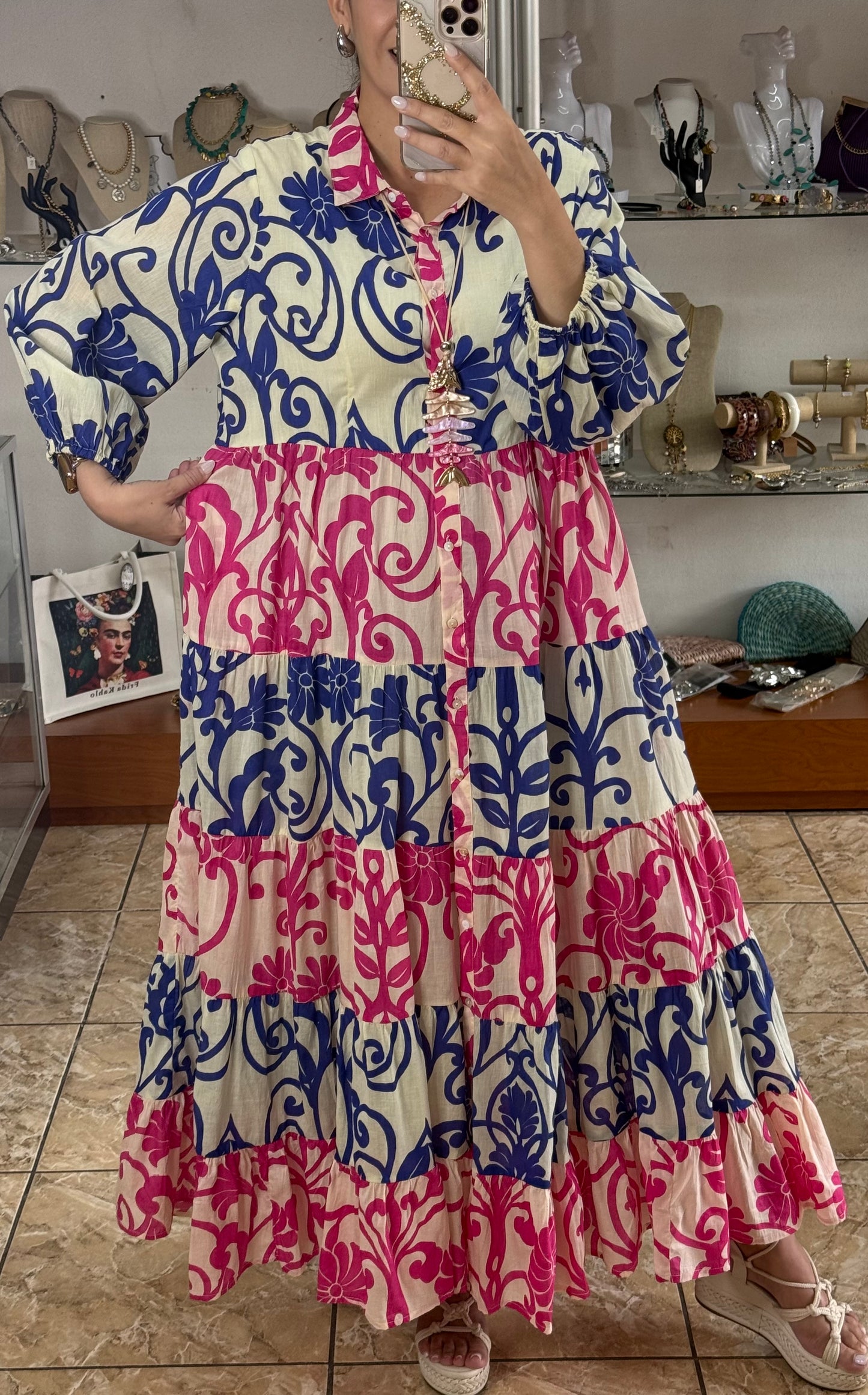 Blue/Pink Mix Button Down Maxi Dress
