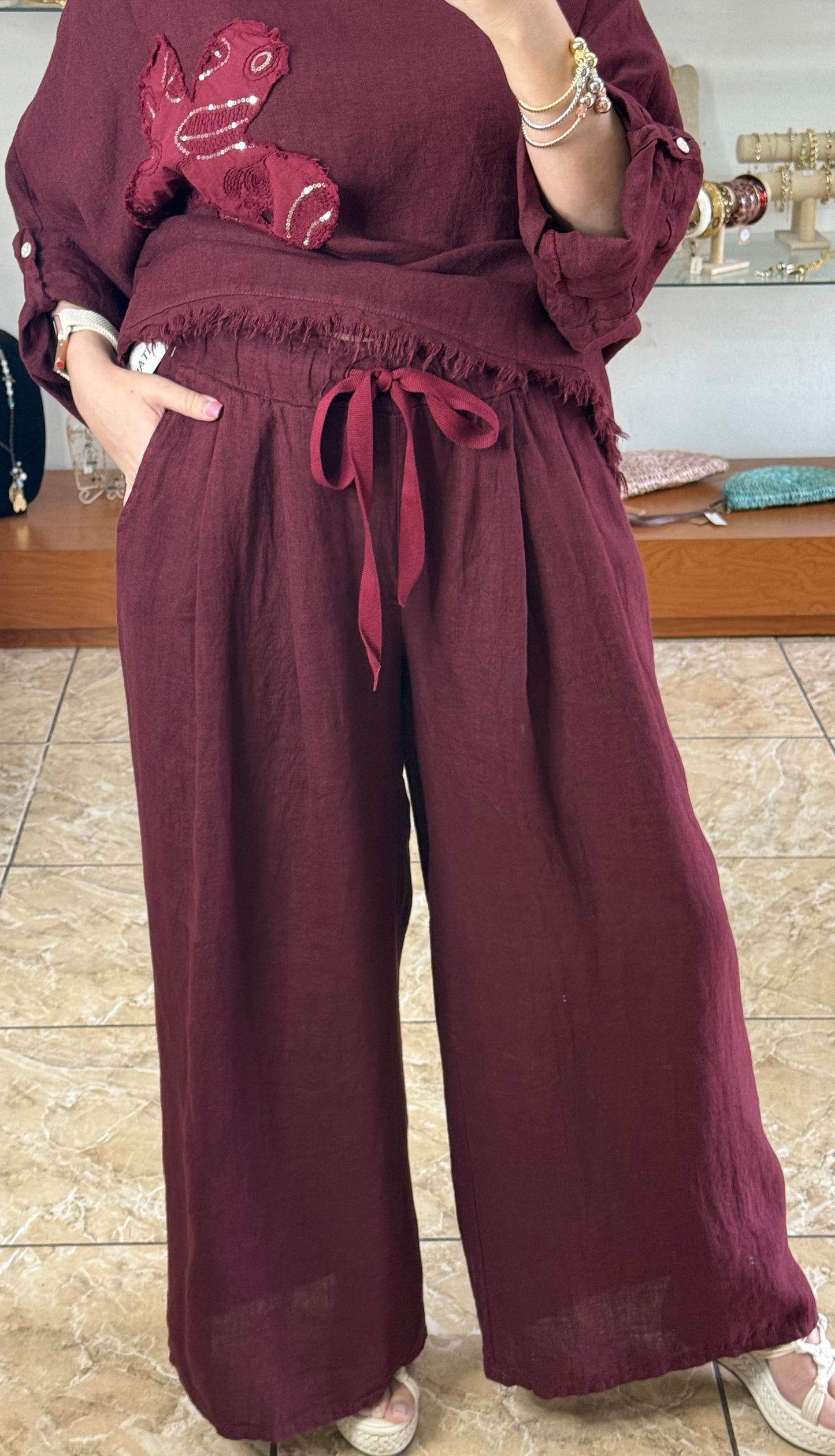 Flower Details OS Linen Pant Set (FINAL SALE)