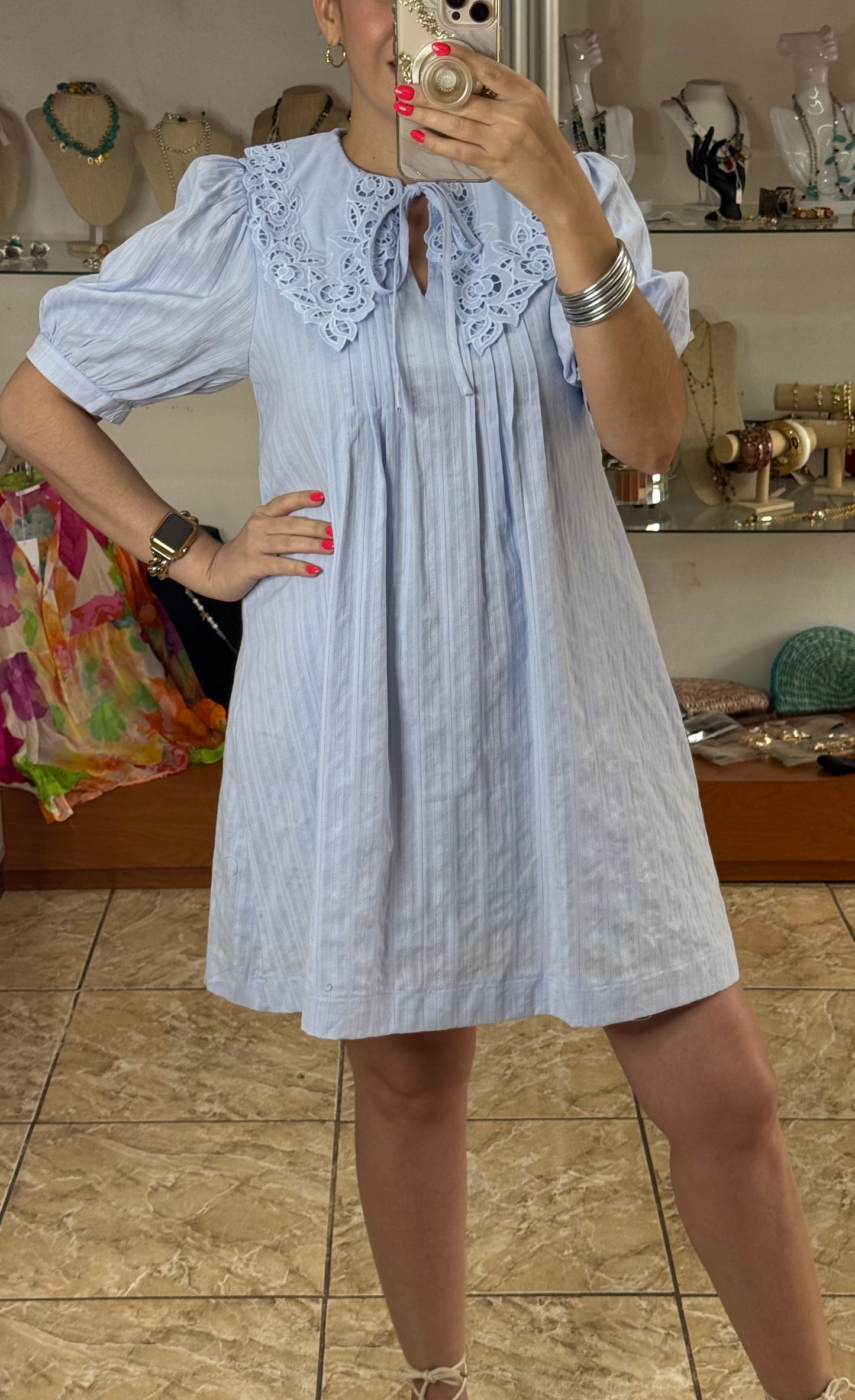Eyelet Collard Mini Dress (Blue)