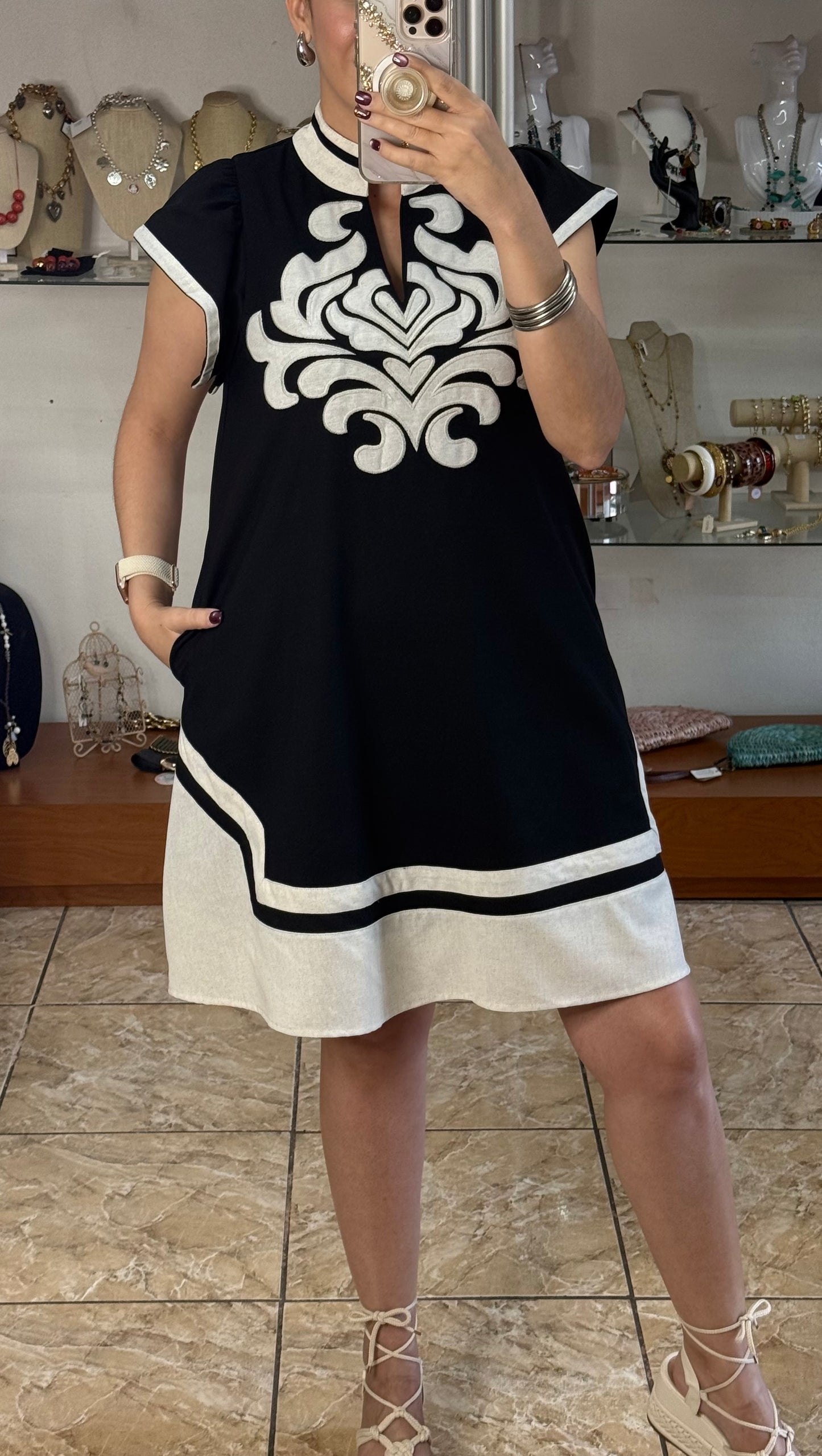 Black Embroidered V-Neck Dress