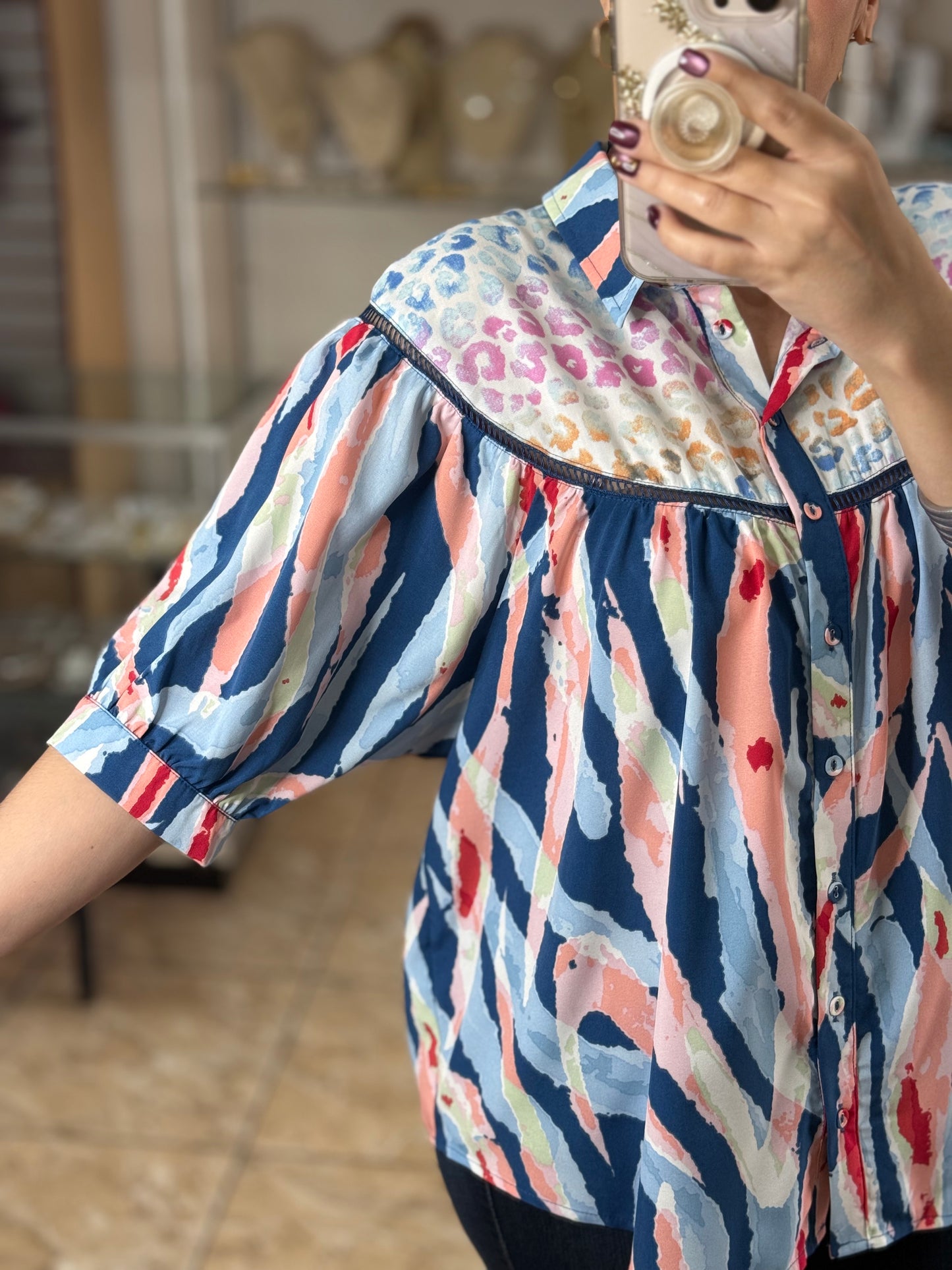 Blue Abstract Button Down Top