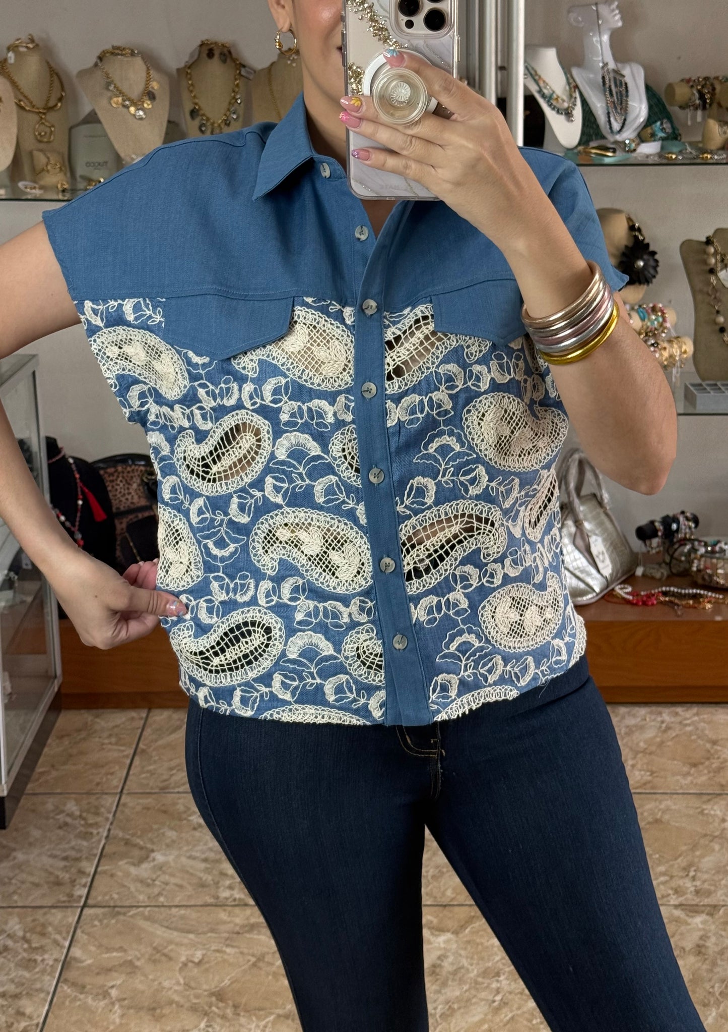 Denim/Crochet Paisley Top