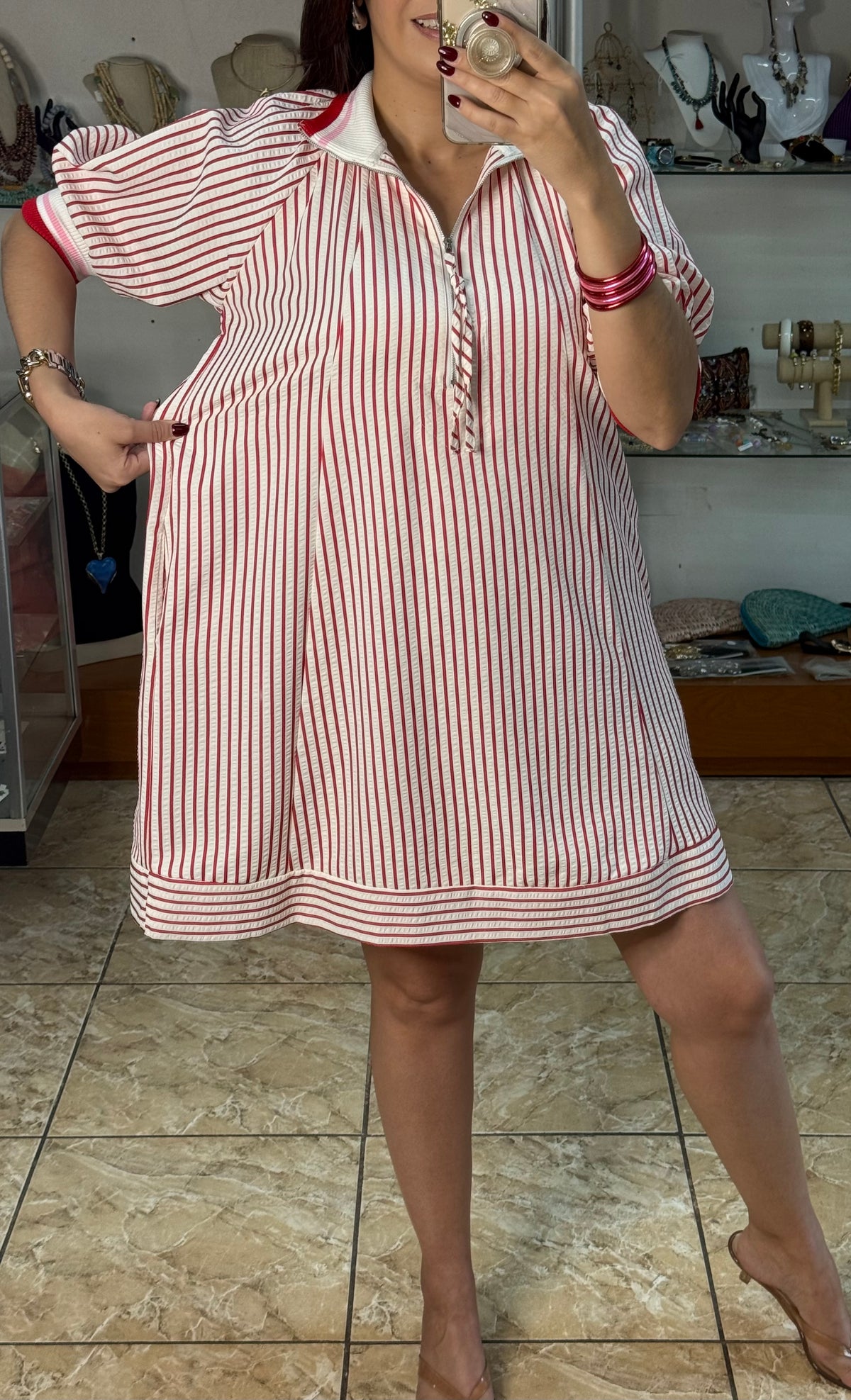 Collared Half-Zip Striped Tunic Dress