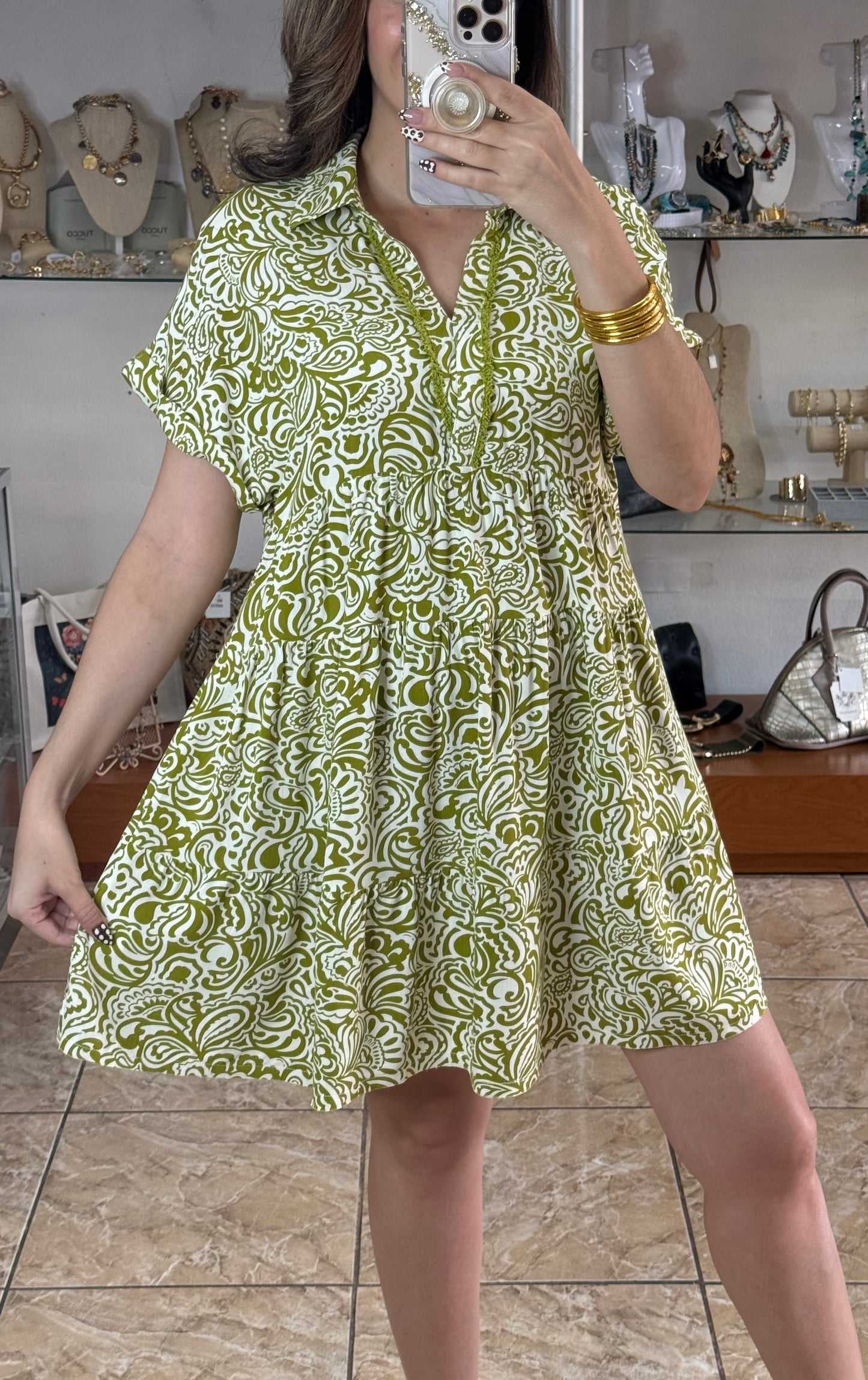 Avocado Green Printed Mini Dress