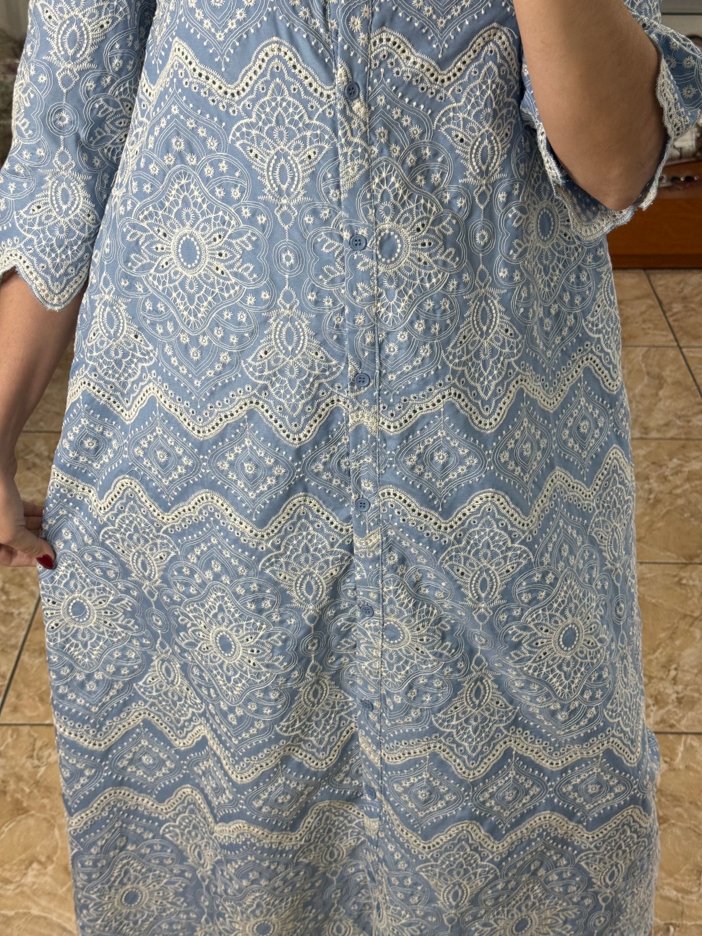 Blue Embroidered Eyelet Midi Dress