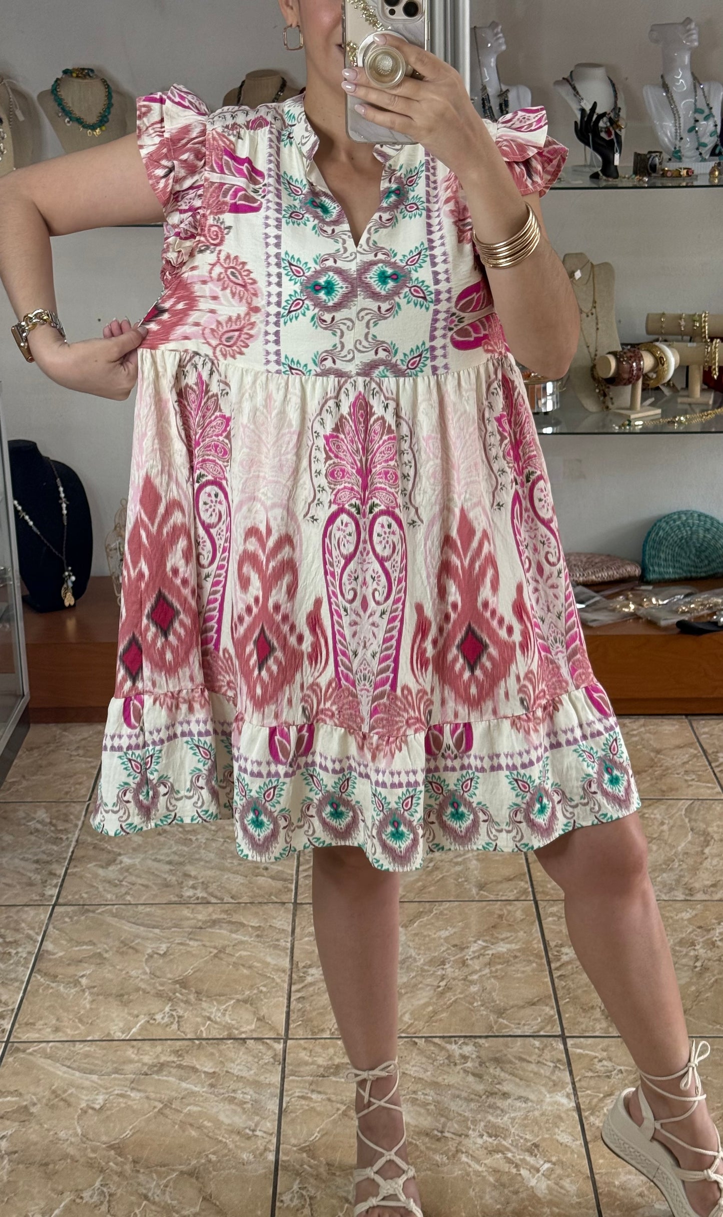 Pink Mix Ruffle Sleeves Boho Print Dress