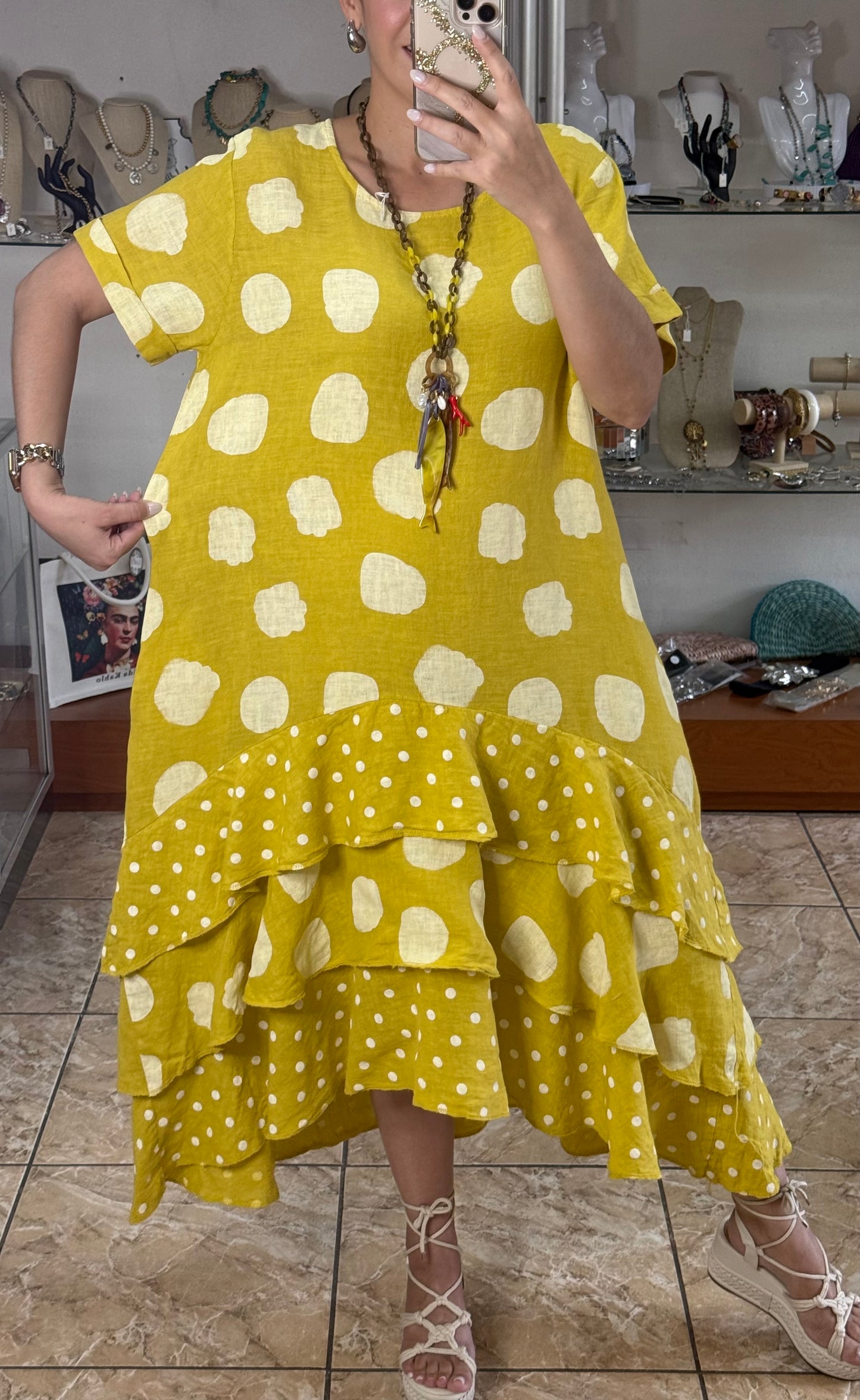 Polka OS Ruffle Tiered Linen Midi Dress (NO RETURNS OR EXCHANGE)