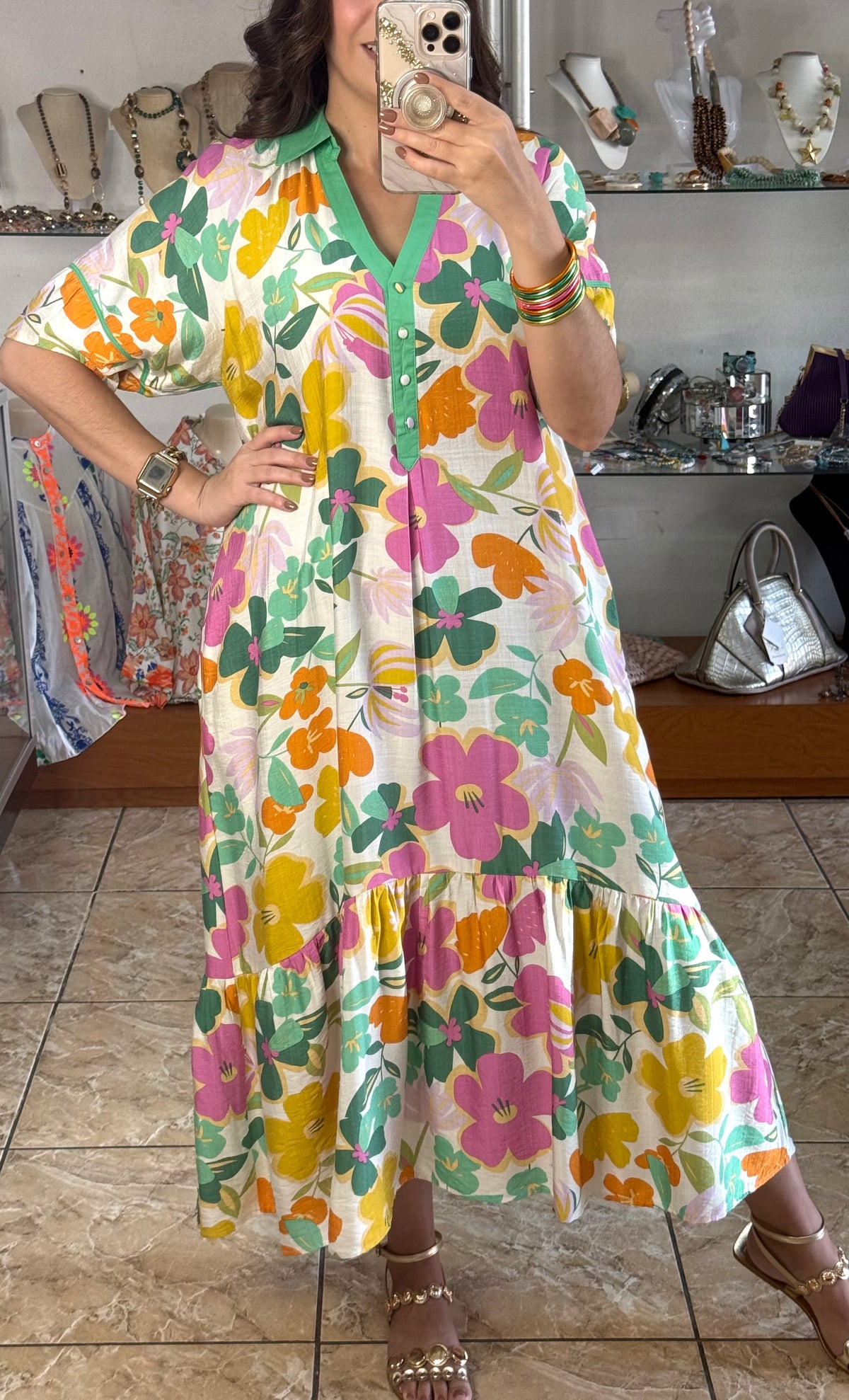 Green Mix Floral Tiered Midi Dress