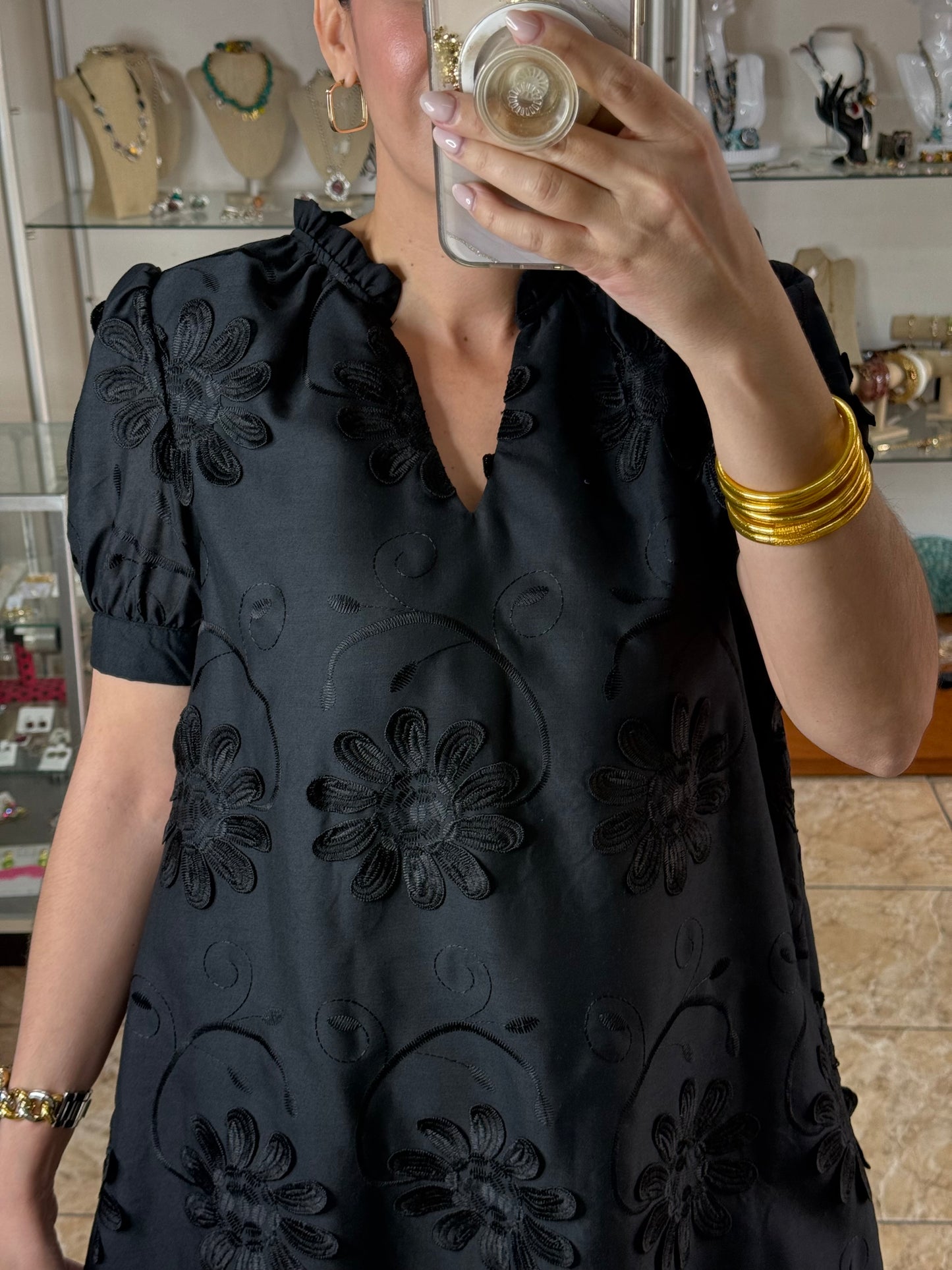 Black Floral Appliqué Embroidered Dress
