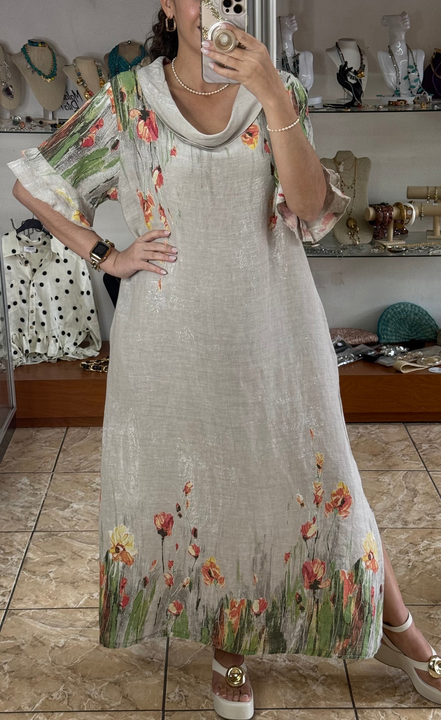 Orange Flowers OS Linen Maxi Dress (NO RETURNS OR EXCHANGE)