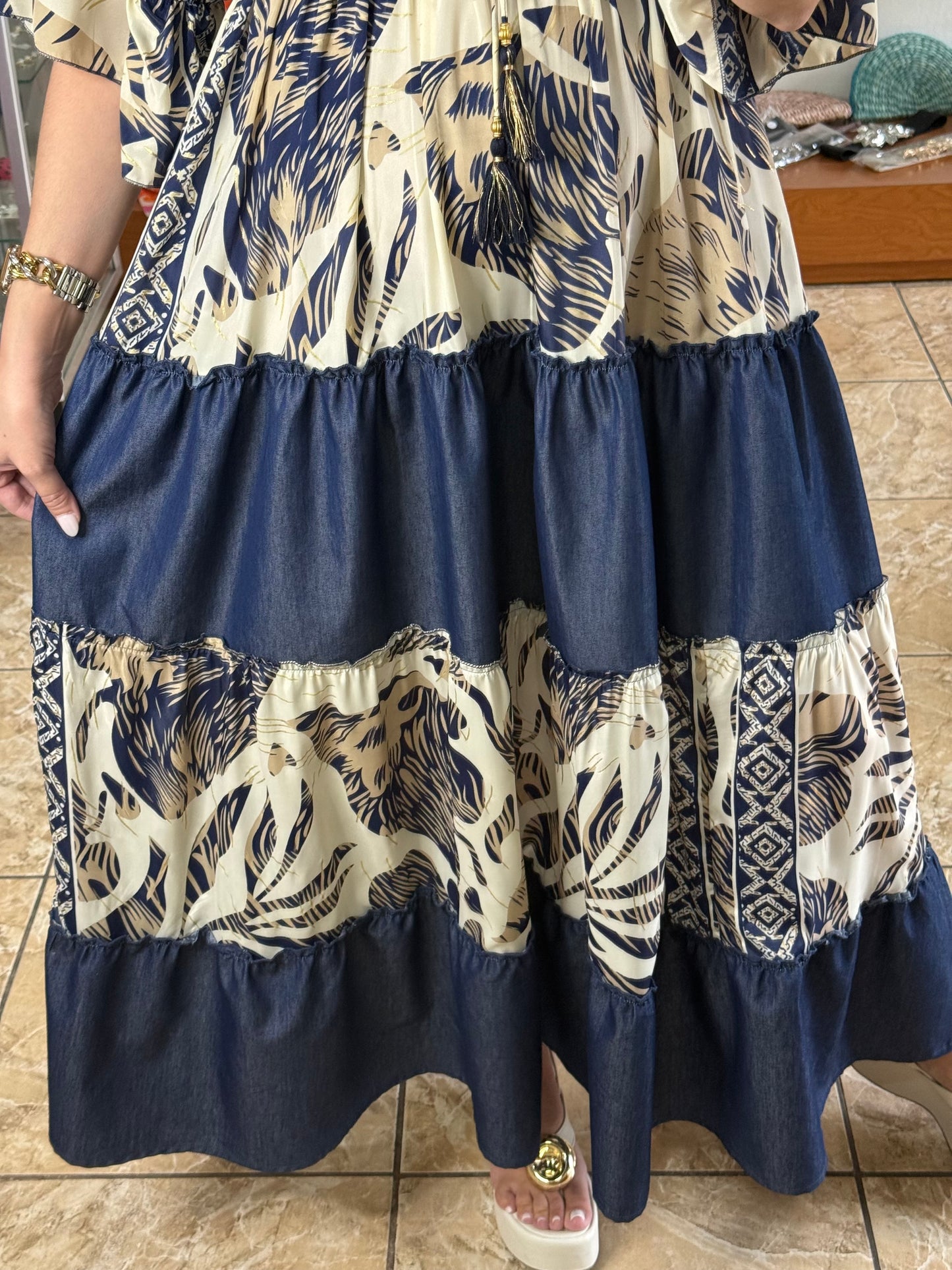 Denim Mix OS Boho Maxi Dress (NO RETURNS OR EXCHANGE)