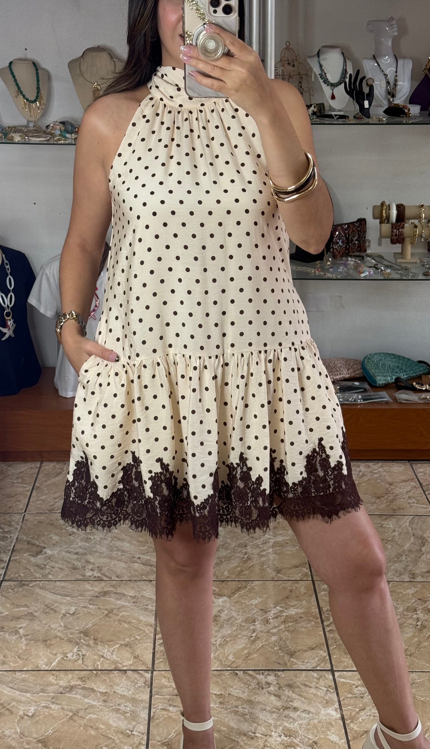 Ecru/Brown Polkadot Halter Mini Dress