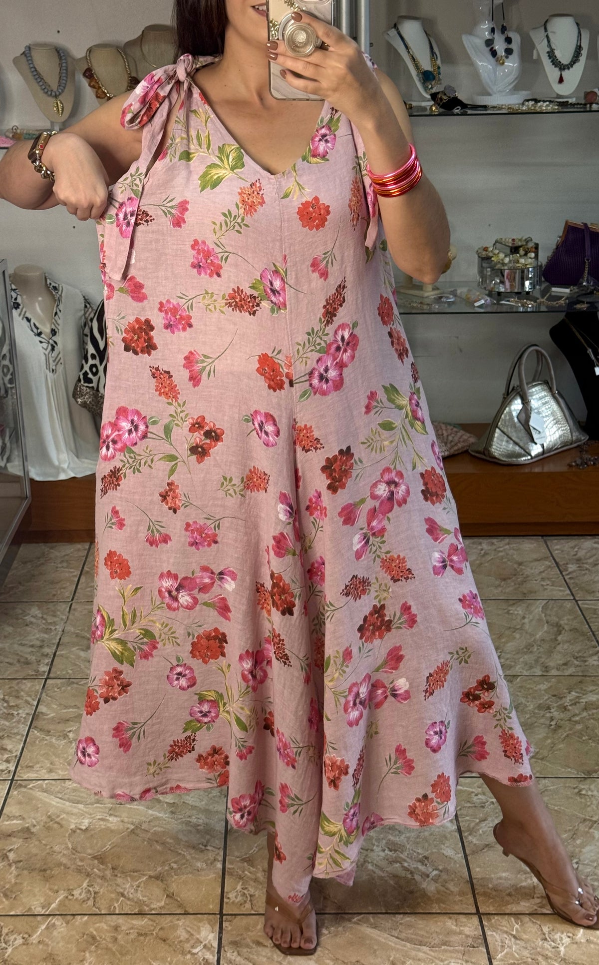 OS Dusty Rose Floral Linen Jumpsuit (NO RETURNS OR EXCHANGE)