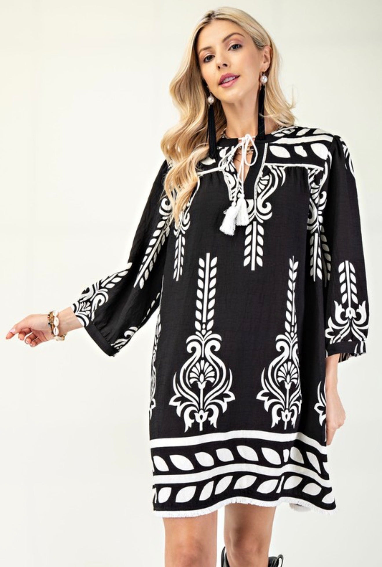 Black Mix Fringe Details Dress (PLUS)