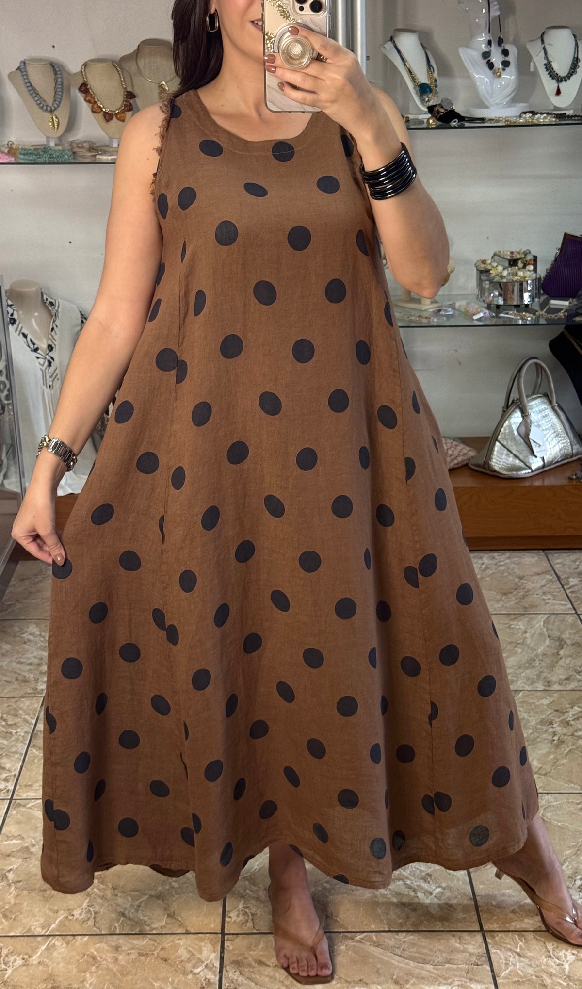 OS Linen Sleeveless Polka Dots Dress (NO RETURNS OR EXCHANGE)