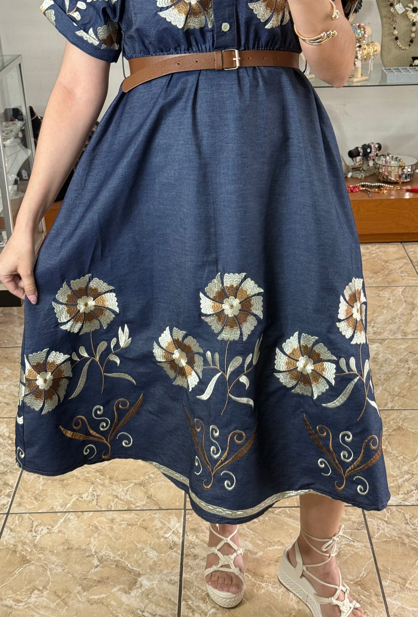 Floral Embroidered OS Denim Dress (FINAL SALE)
