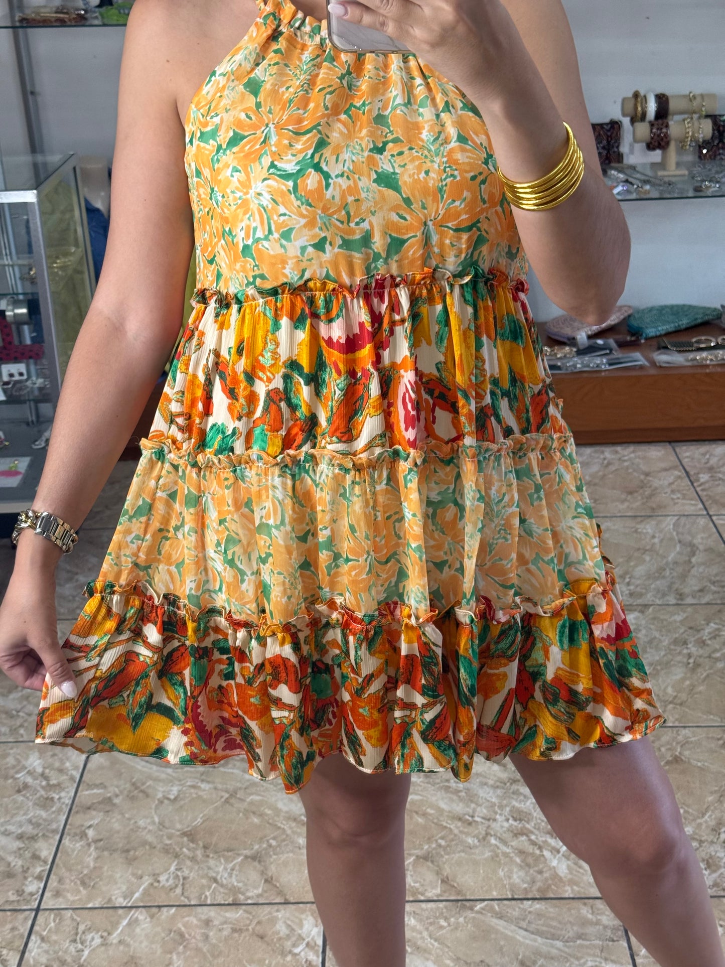 Orange Halter Floral Mini Dress