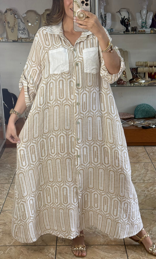 OS Geometric Linen Maxi Dress (NO RETURNS OR EXCHANGE)