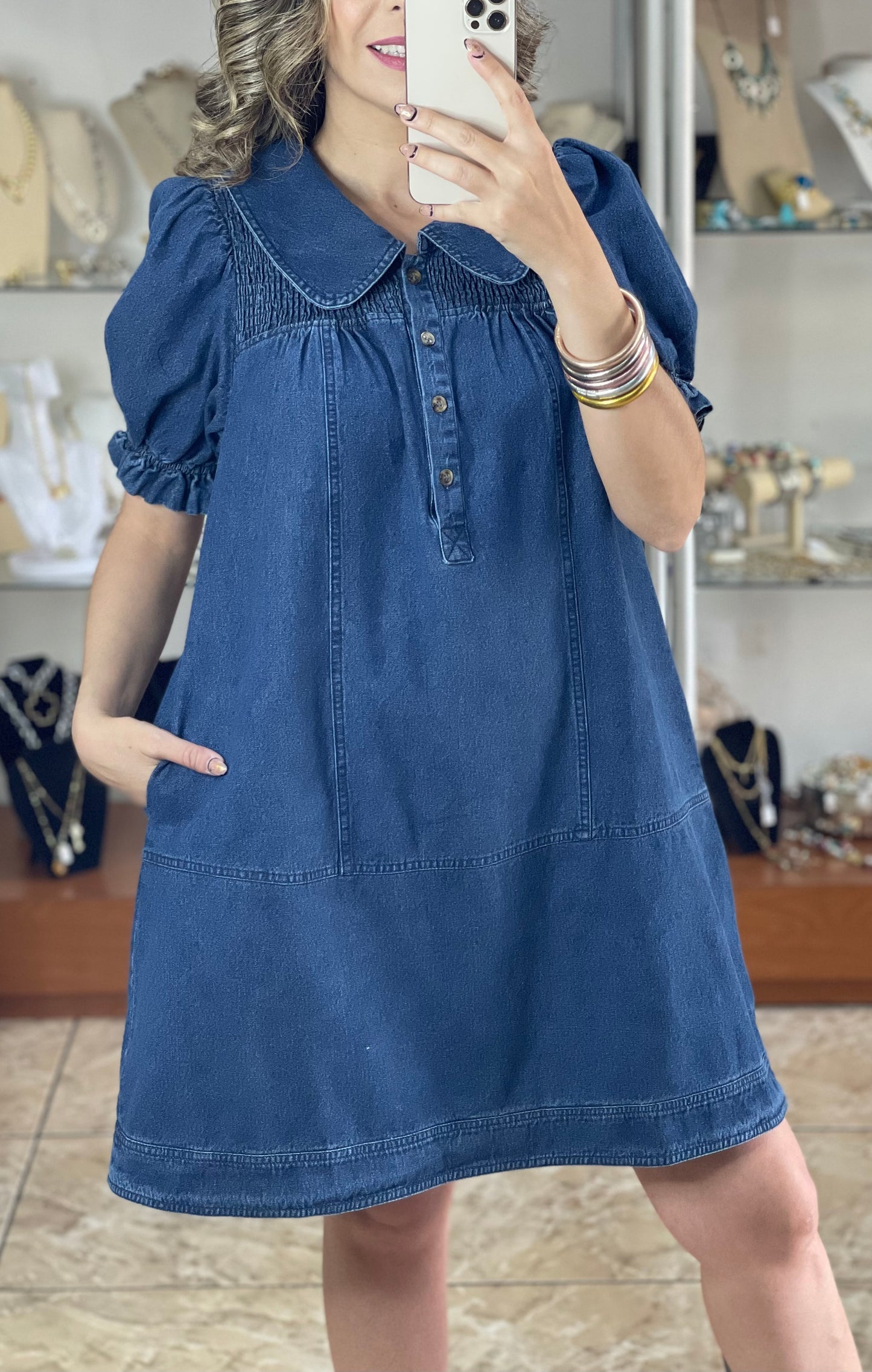 Puff Sleeve Peter Pan Collar Denim Dress