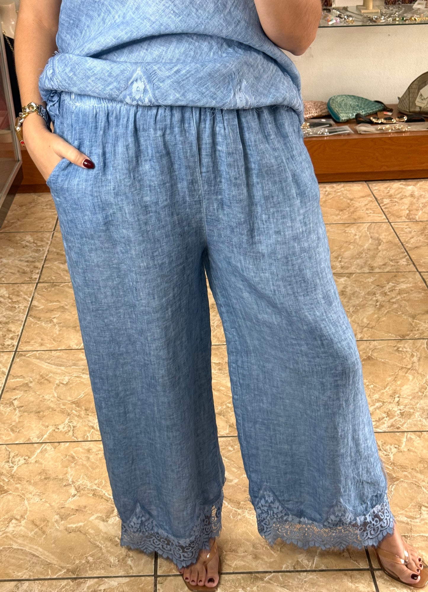 Linen/Lace Top & Pant OS Set (NO RETURNS OR EXCHANGE)
