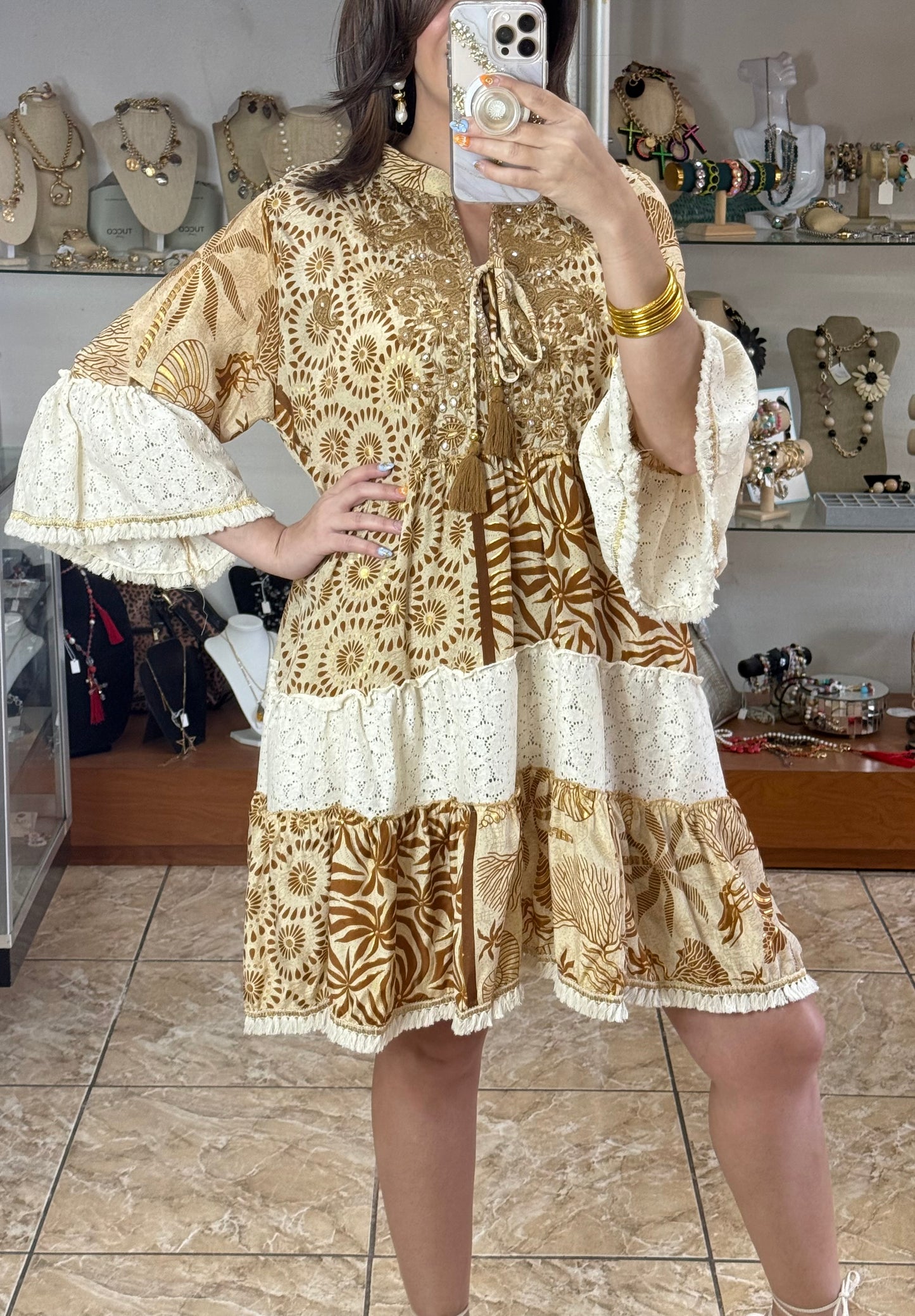 Brown/Cream/Gold OS Boho Dress