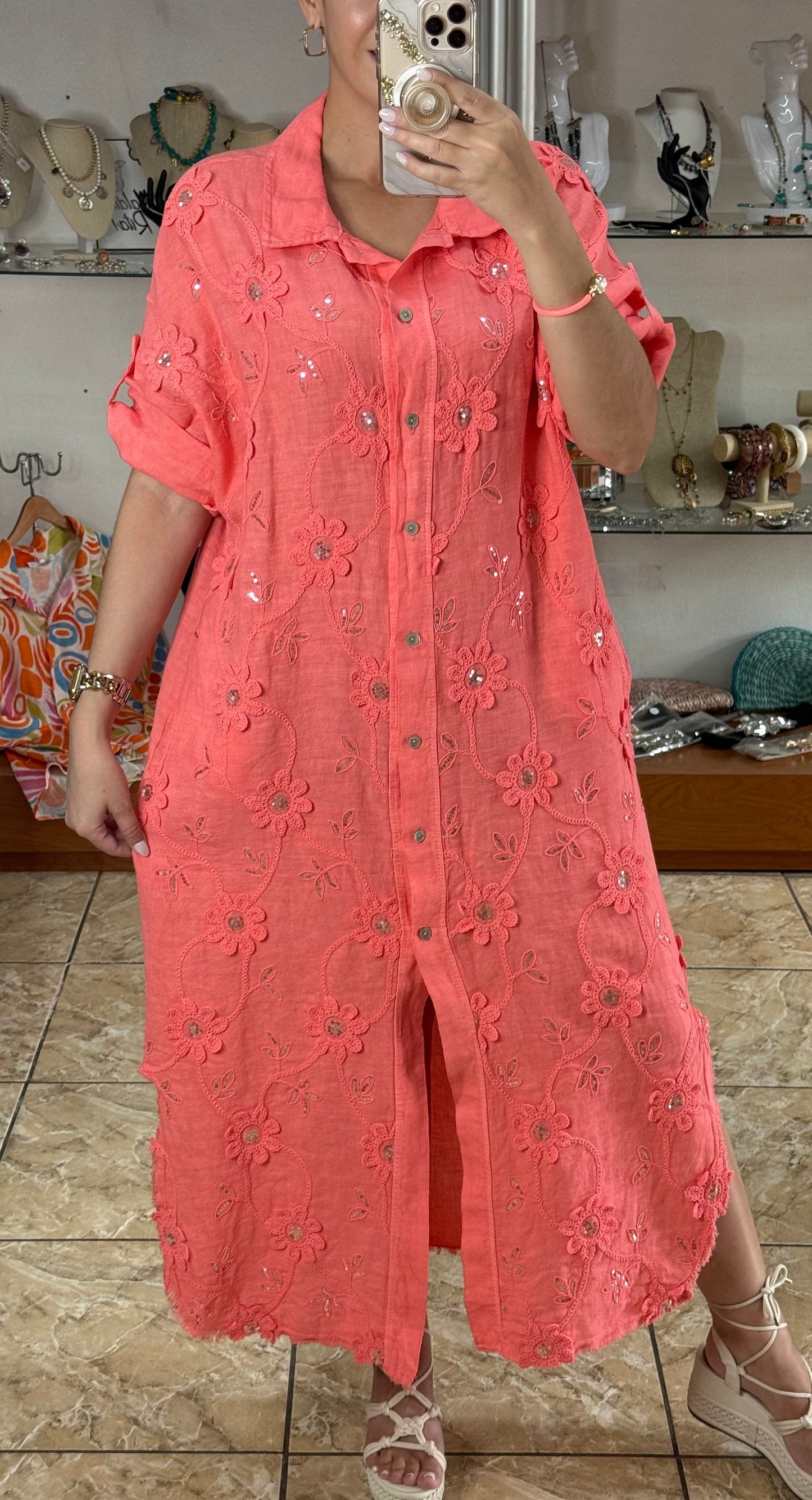 OS Embroidered/Sequins Linen Maxi Dress (NO RETURNS OR EXCHANGE)