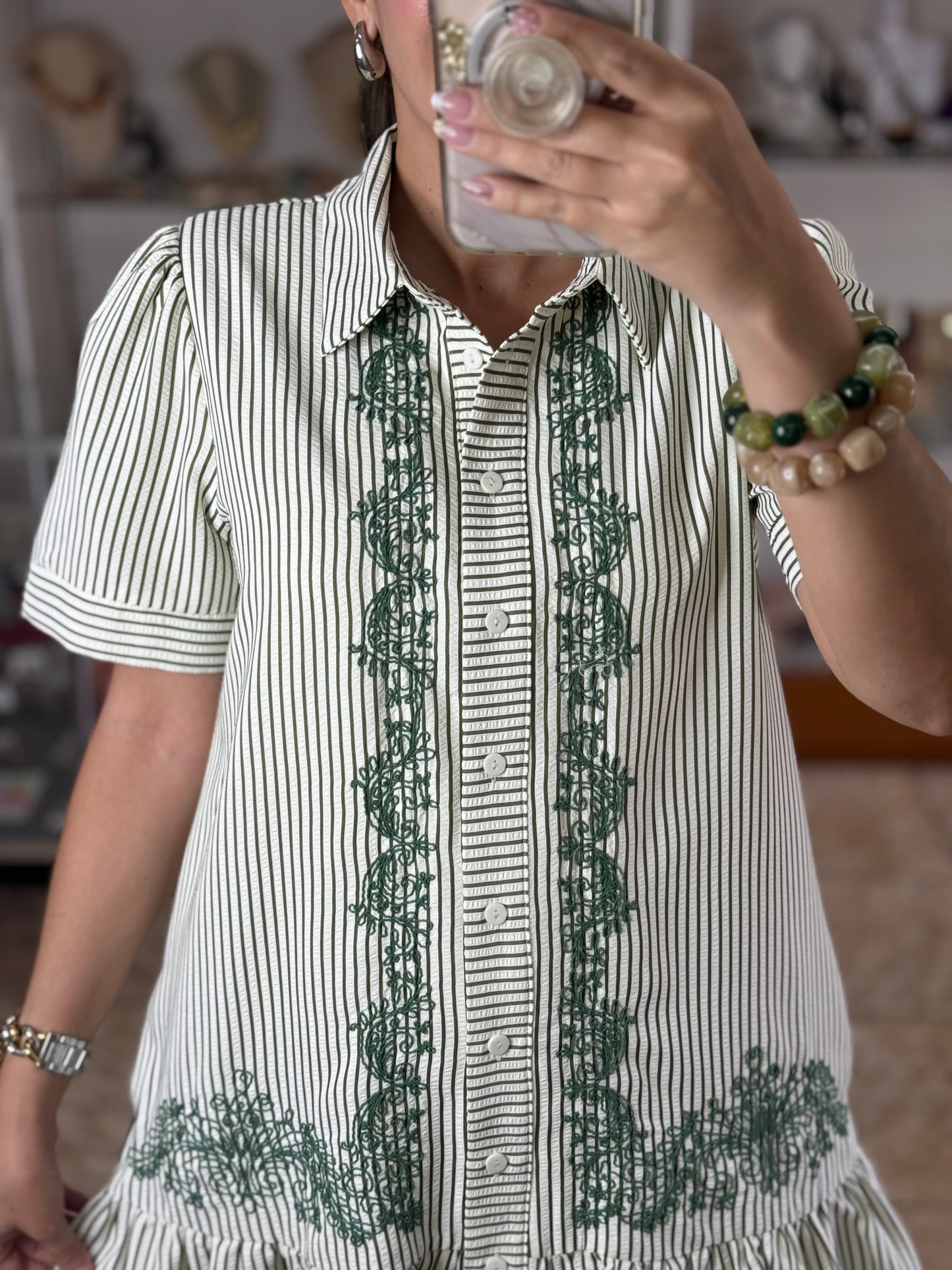 Olive Mix Stripes/Embroidered Dress
