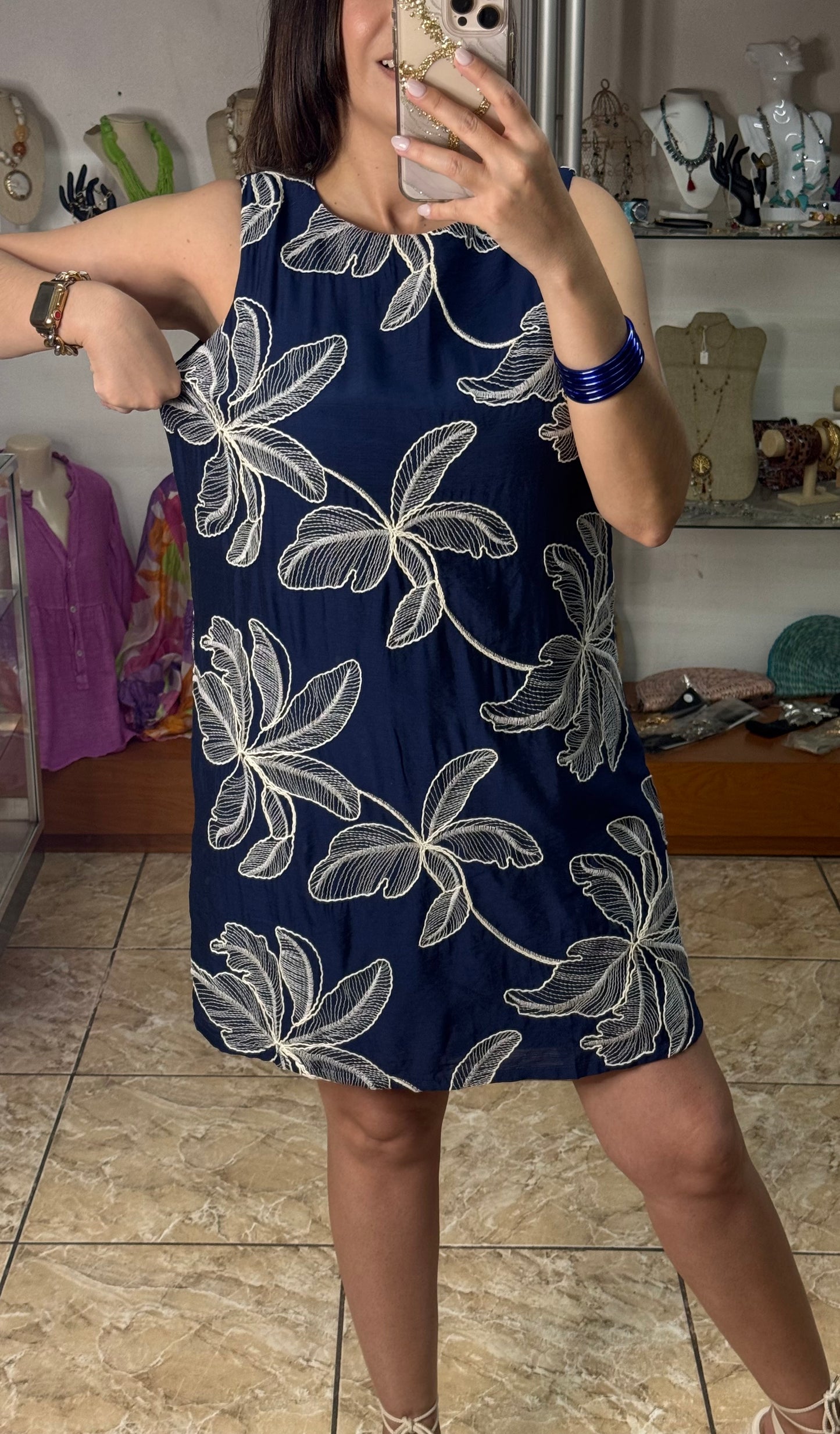 Navy Embroidered Sleeveless Dress