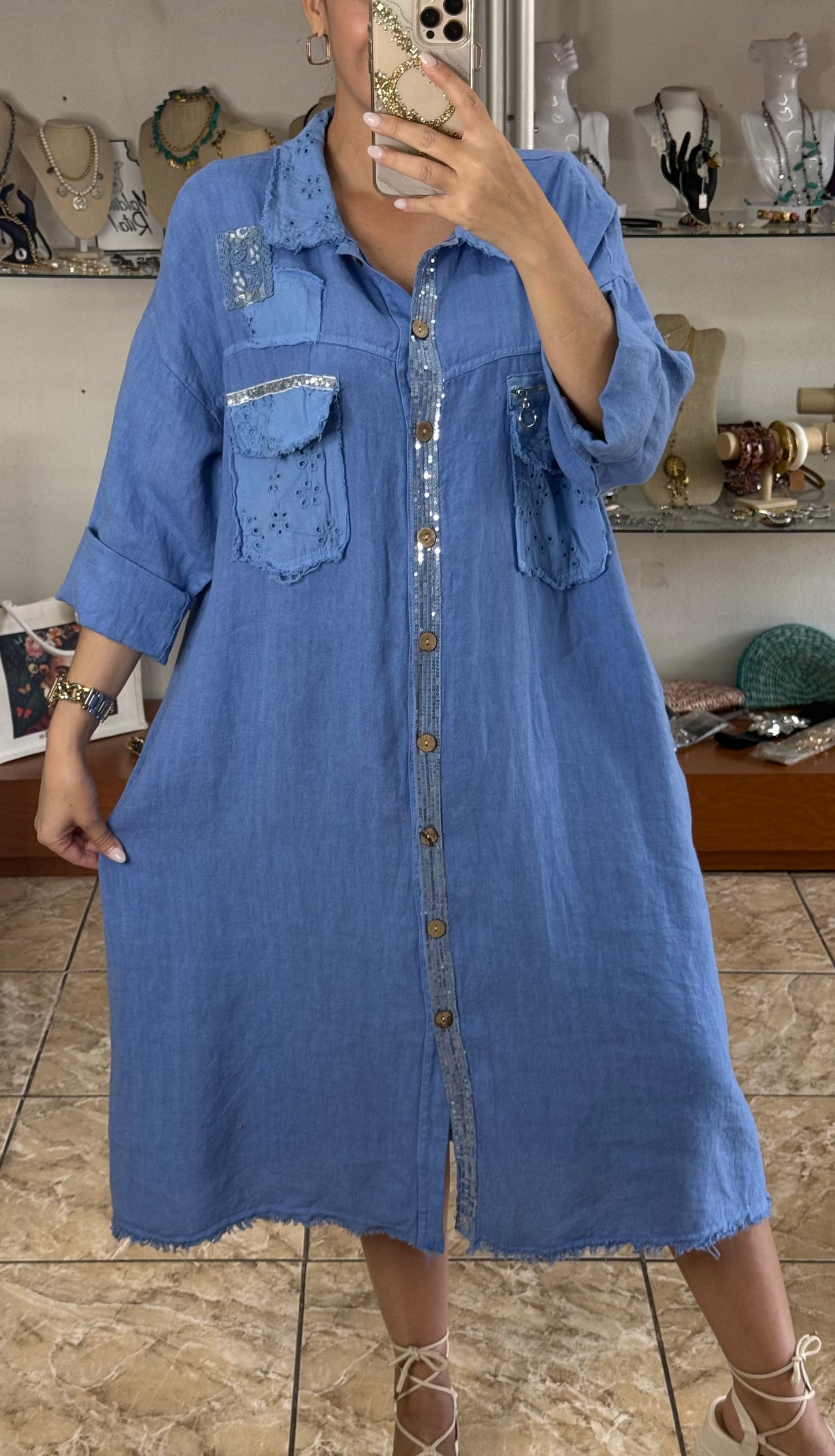 Long Sleeves OS Linen Midi Dress (NO RETURNS OR EXCHANGE)