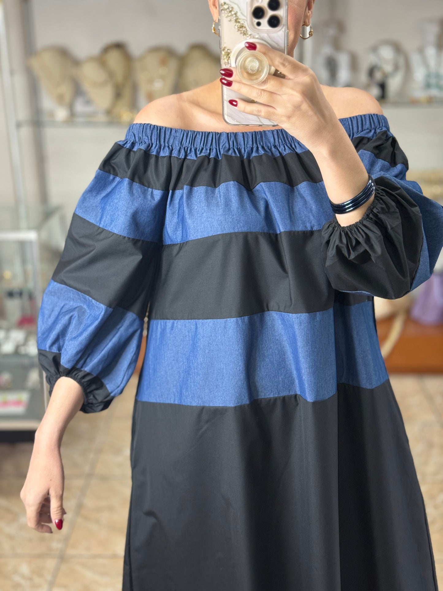 Off Shoulder Black/Denim Maxi Dress