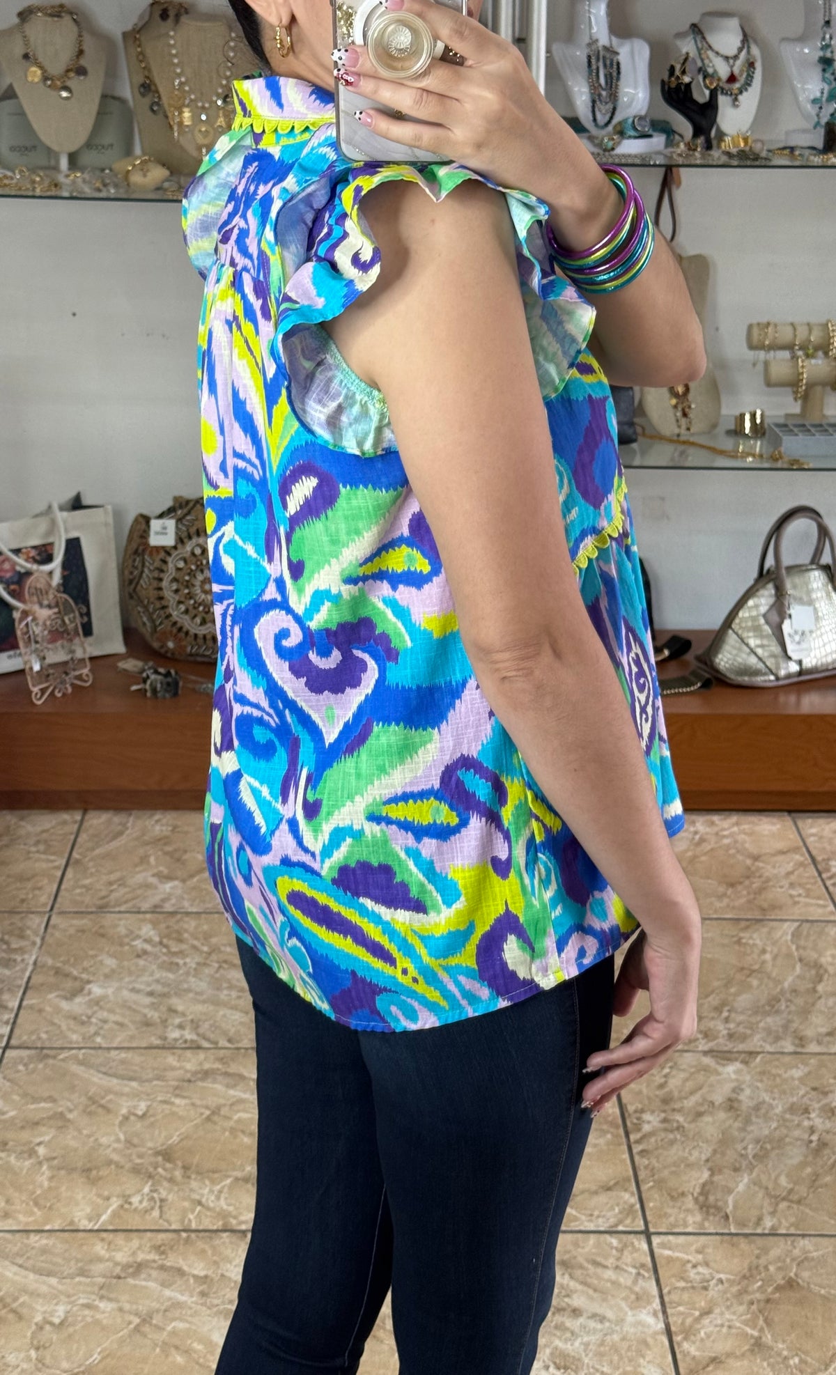 Blue/Neon Ruffle Sleeves Top (ONLINE EXCLUSIVE)