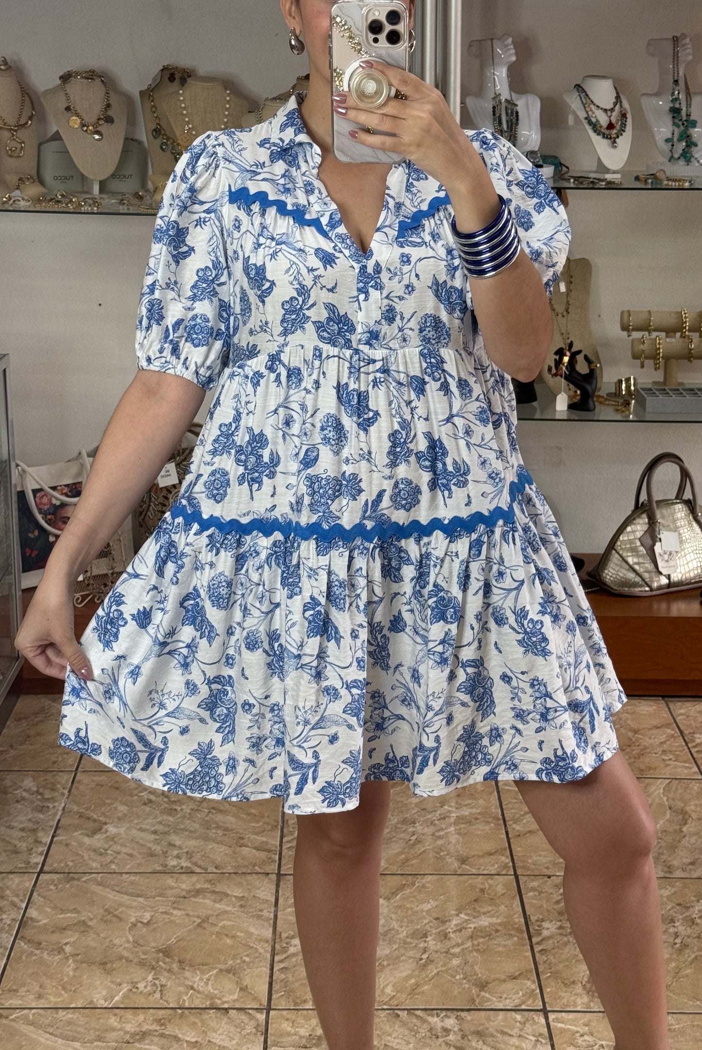 White and Blue Floral Doll Dress